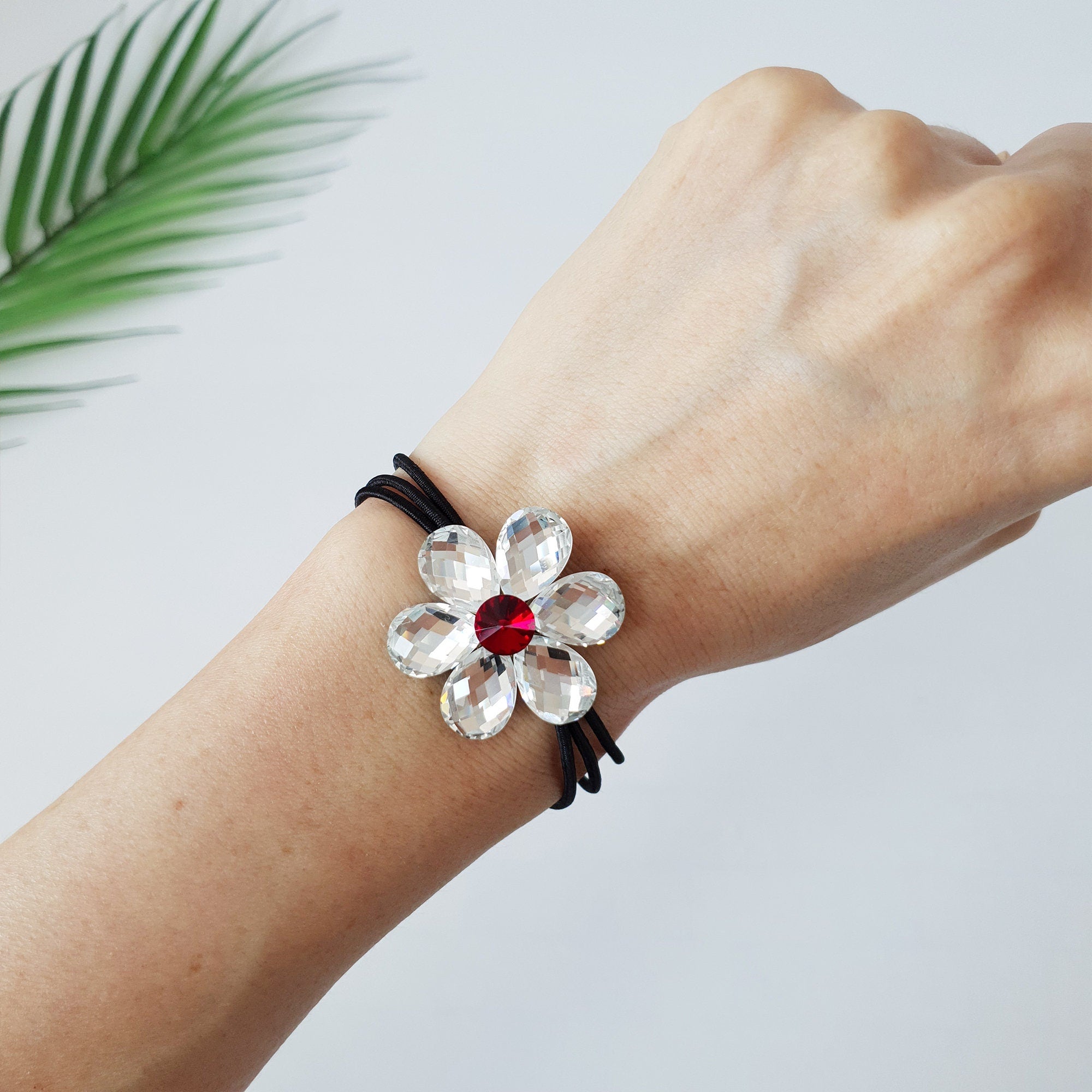 Swarovski Point Glass Flower Hair Tie / Three Line Ponytail Holder / Hair Accessory for Woman