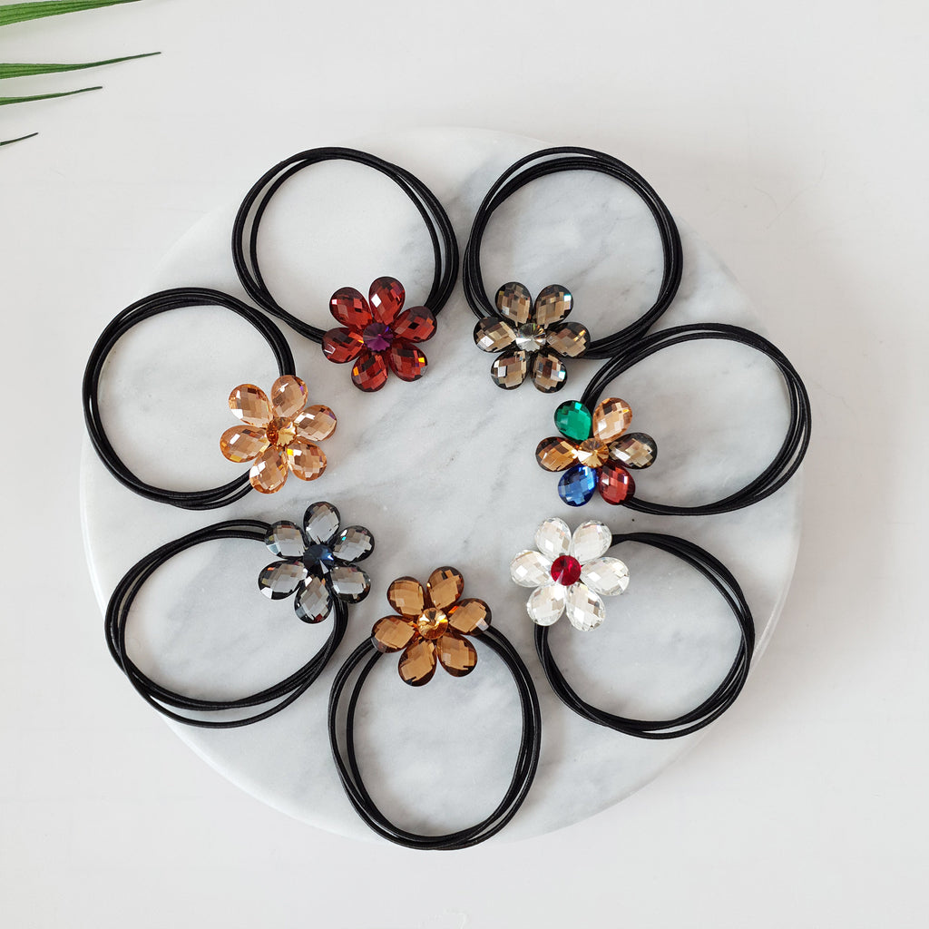 Sparkling glass flower hair tie with crystal center in red white and peach. 3 strand elastic ponytail holder 1.2 inch floral charm for women. Formal Korean fashion accessory birthday gift.