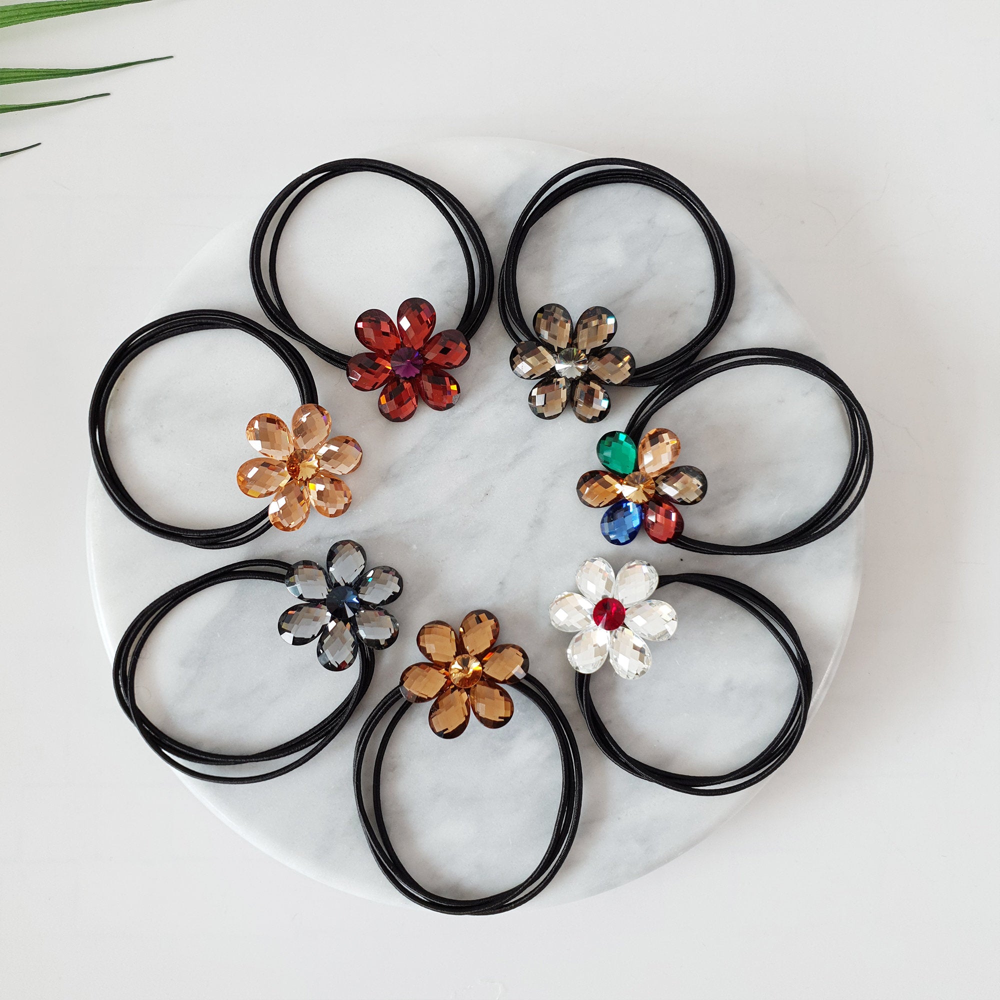 Sparkling glass flower hair tie with crystal center in red white and peach. 3 strand elastic ponytail holder 1.2 inch floral charm for women. Formal Korean fashion accessory birthday gift.