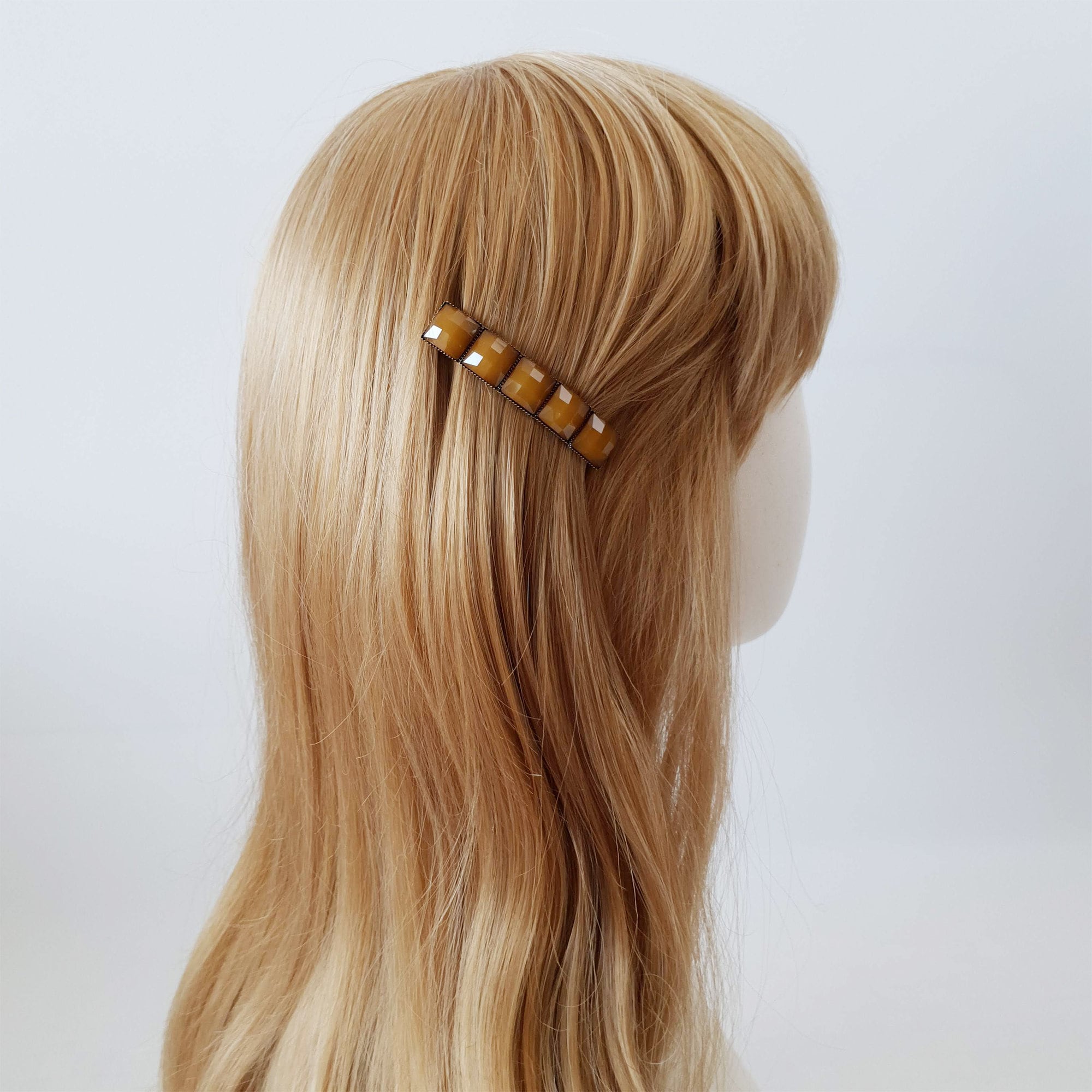 Square Formica Hair Barrette (2.4 Inch) / Diamond Cut Formica Stone Barrette / Vintage Antique Hair Accessory / Automatic Hair Pin