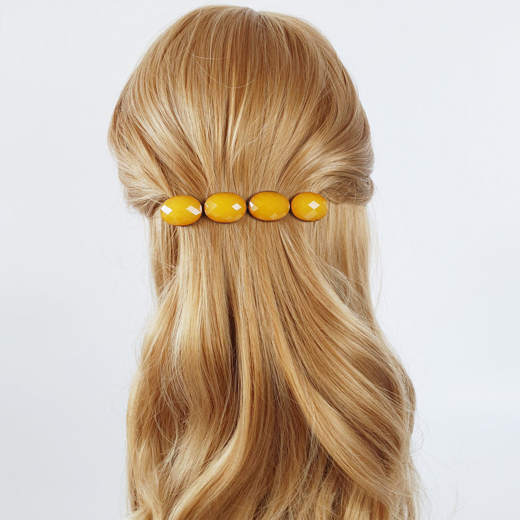 Big Oval Formica Hair Barrette (4.0 Inch) / Diamond Cut Formica Stone Decorated Barrette / Automatic Hair Pin