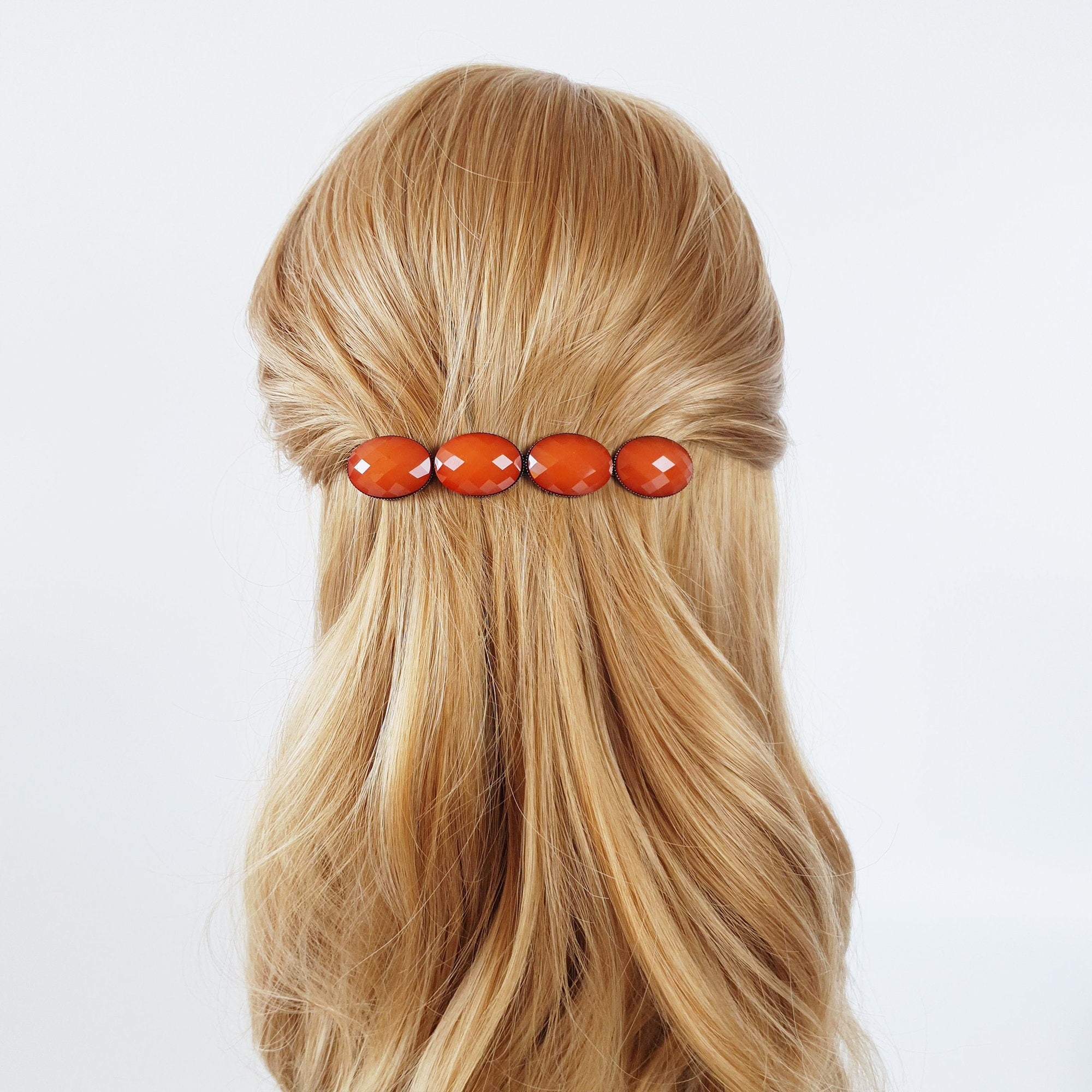 Big Oval Formica Hair Barrette (4.0 Inch) / Diamond Cut Formica Stone Decorated Barrette / Automatic Hair Pin