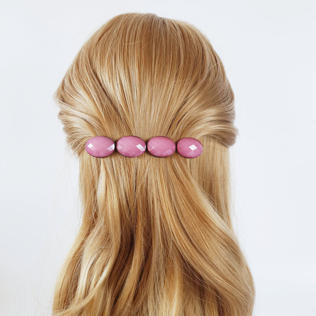 Big Oval Formica Hair Barrette (4.0 Inch) / Diamond Cut Formica Stone Decorated Barrette / Automatic Hair Pin