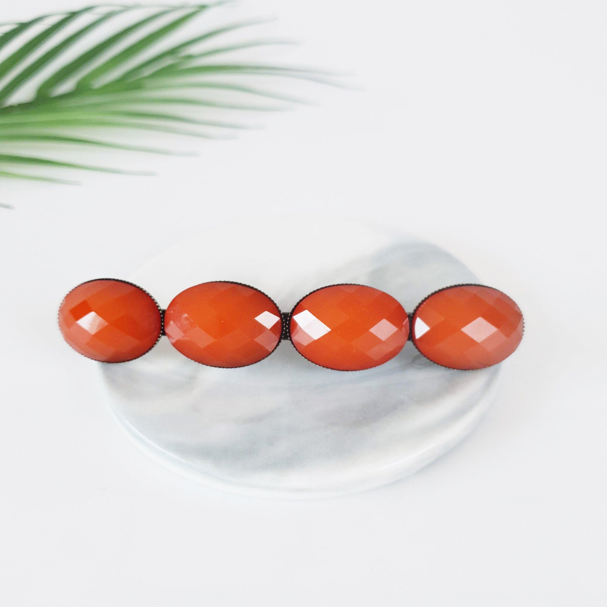 Big Oval Formica Hair Barrette (4.0 Inch) / Diamond Cut Formica Stone Decorated Barrette / Automatic Hair Pin