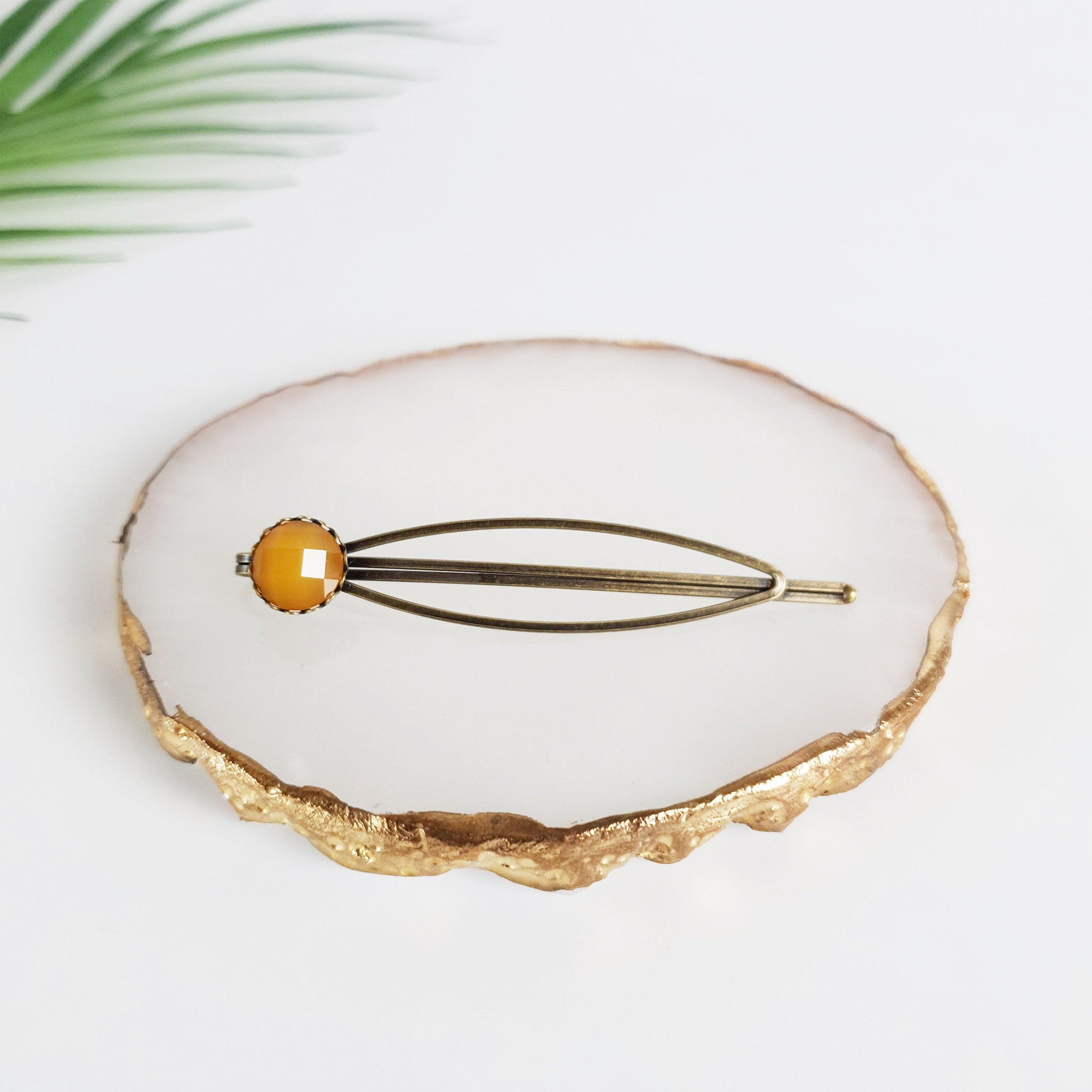 Vintage style antique brass bobby pin featuring a round acetate stone, minimal hair slide for women and girls.