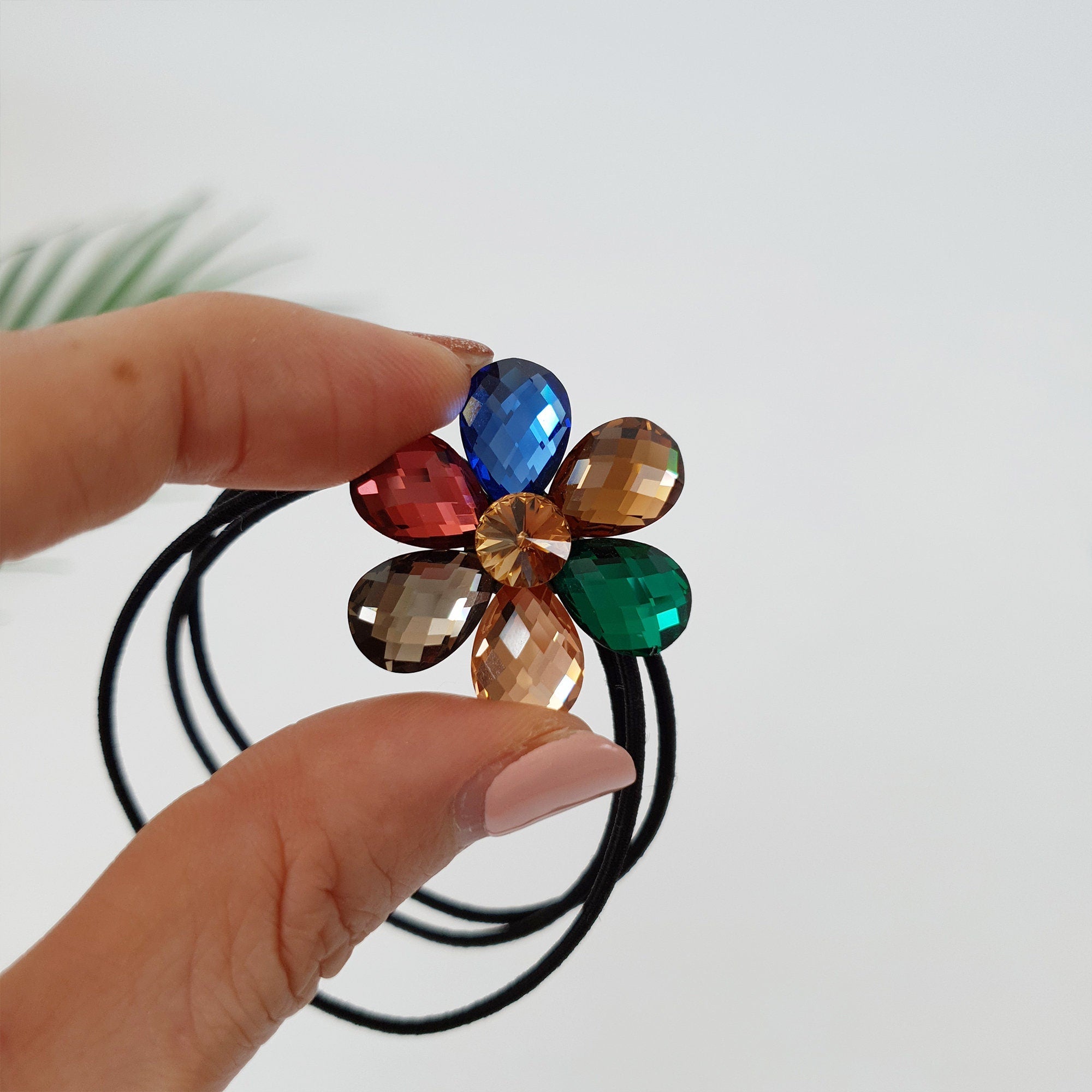 Swarovski Point Glass Flower Hair Tie / Three Line Ponytail Holder / Hair Accessory for Woman
