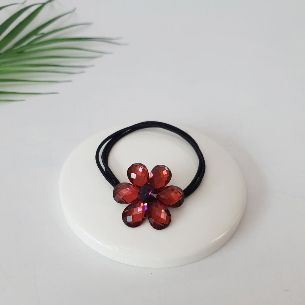 Swarovski Point Glass Flower Hair Tie / Three Line Ponytail Holder / Hair Accessory for Woman