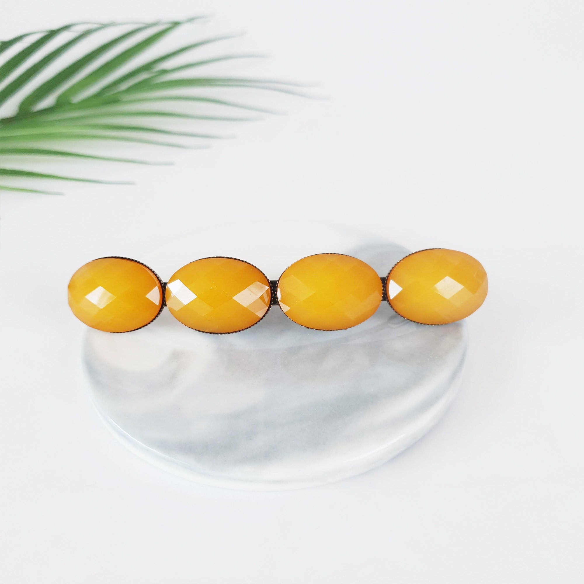 Big Oval Formica Hair Barrette (4.0 Inch) / Diamond Cut Formica Stone Decorated Barrette / Automatic Hair Pin