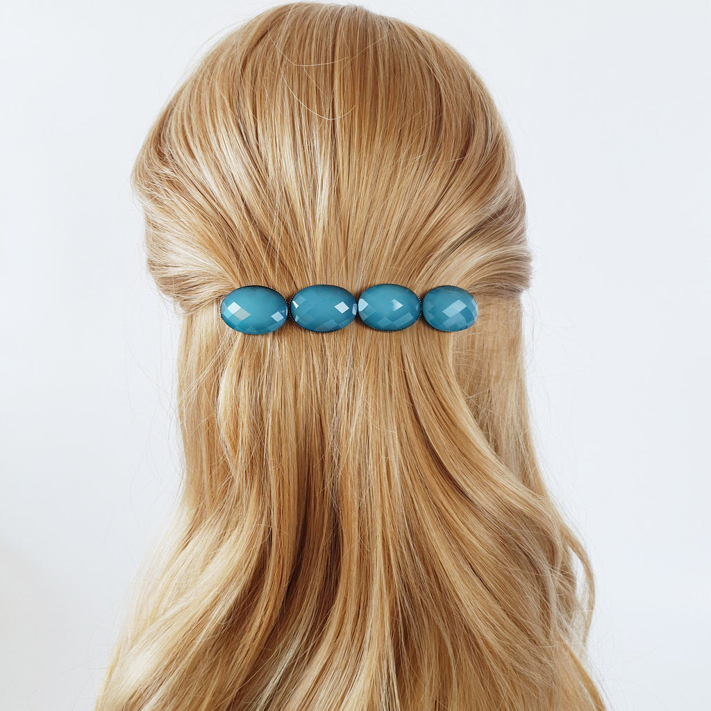 Big Oval Formica Hair Barrette (4.0 Inch) / Diamond Cut Formica Stone Decorated Barrette / Automatic Hair Pin