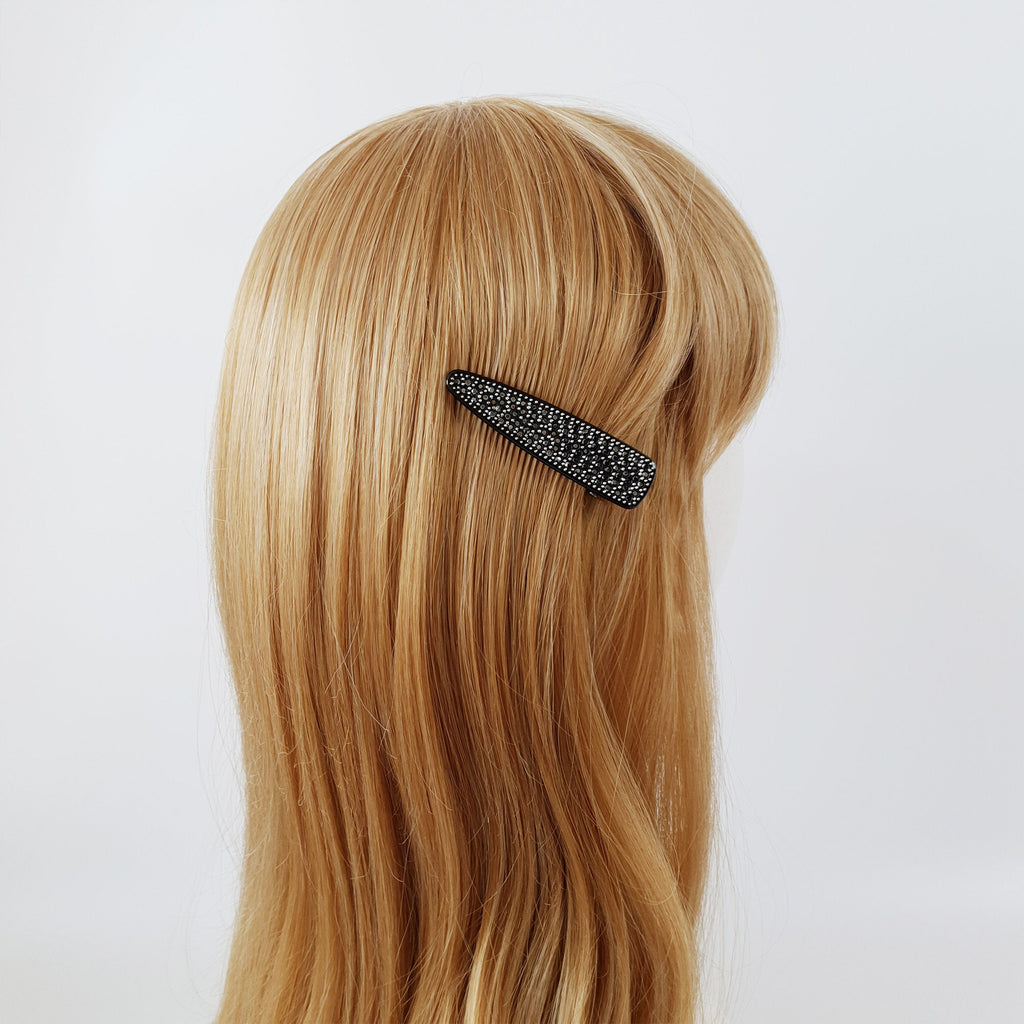 Elongated triangle cellulose acetate hair clip encrusted with rhinestone crystals. Geometric alligator beak clip for holding side bangs or fringe.