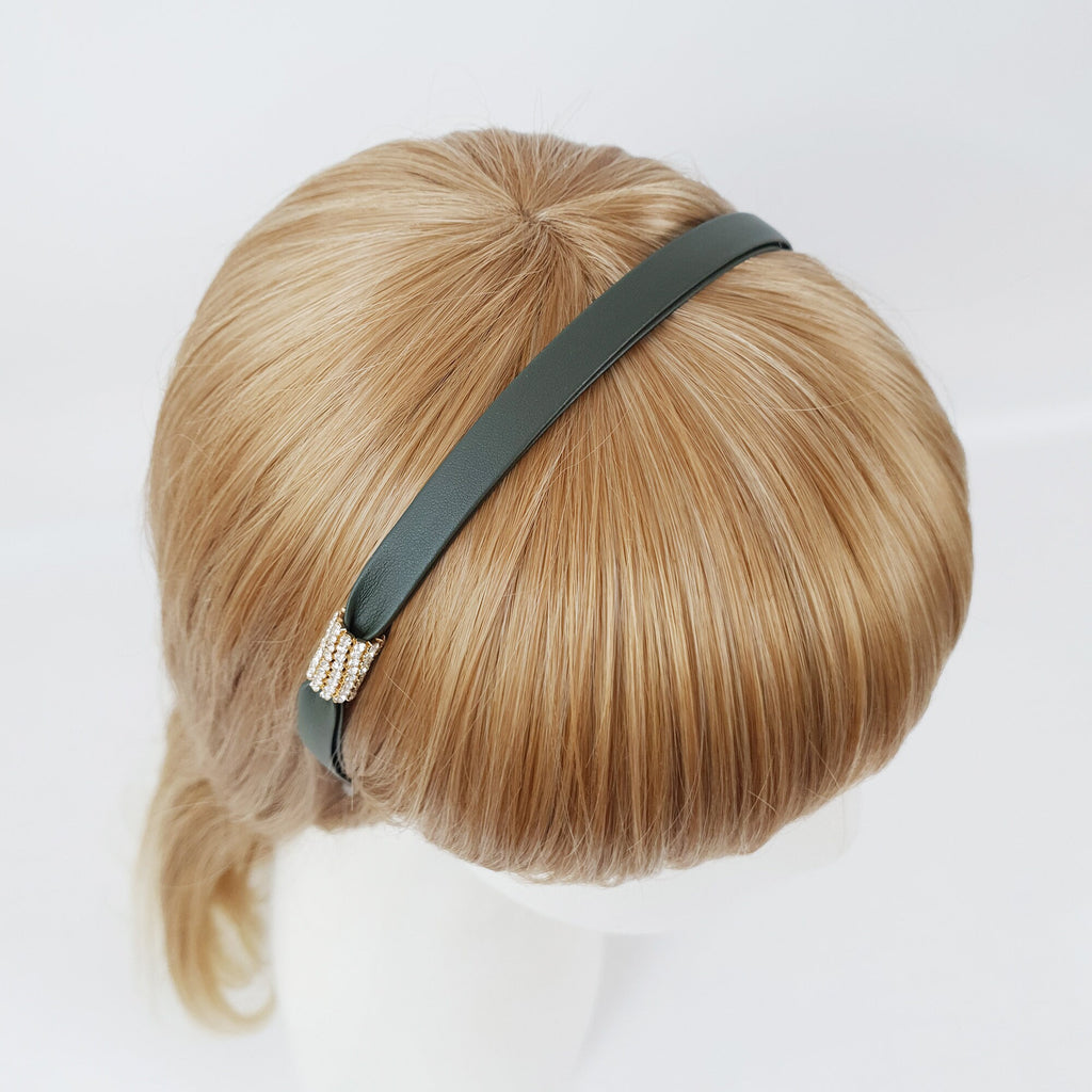 Faux Leather Thin Headband with Sparkling Cubic / Simple Line Point Head Piece / Hair Accessory for Woman / Leather Headband