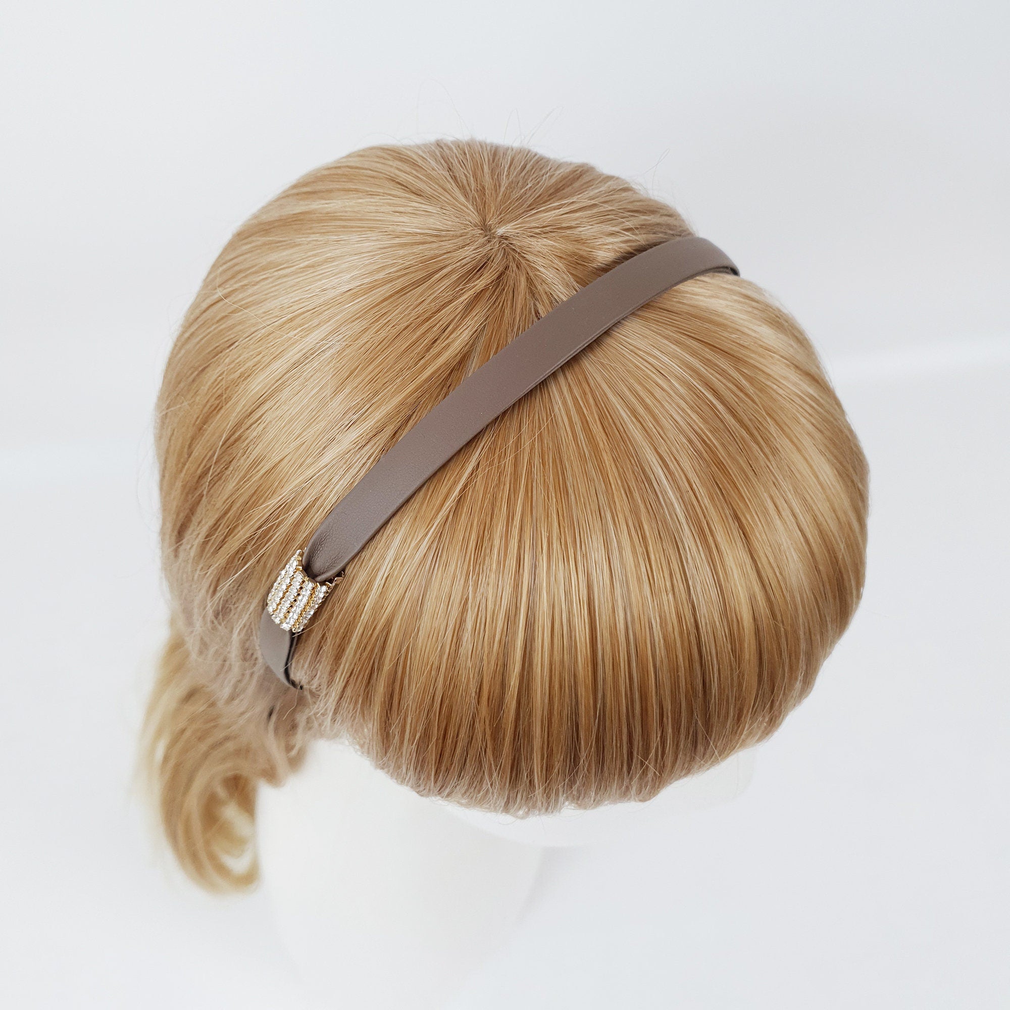 Faux Leather Thin Headband with Sparkling Cubic / Simple Line Point Head Piece / Hair Accessory for Woman / Leather Headband
