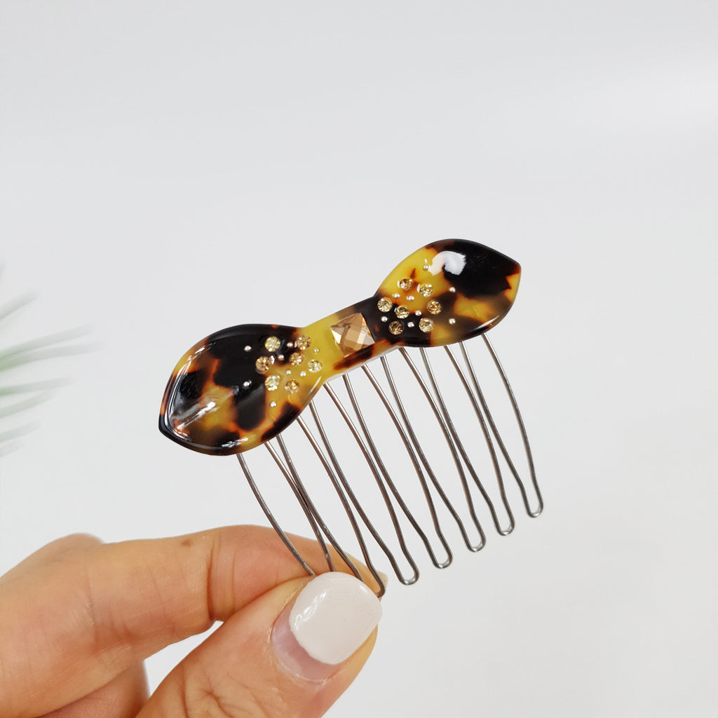 Tortoise Shell Mini Bow Hair Comb Pin / Cute French Hair Pin / Hair Fork for Thick Hair