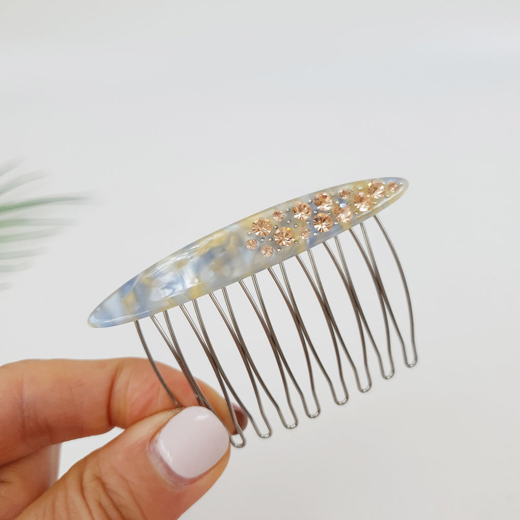 Tortoise Shell Long Oval Hair Comb Pin with Cubic / Vintage French Hair Pin / Hair Fork for Woman
