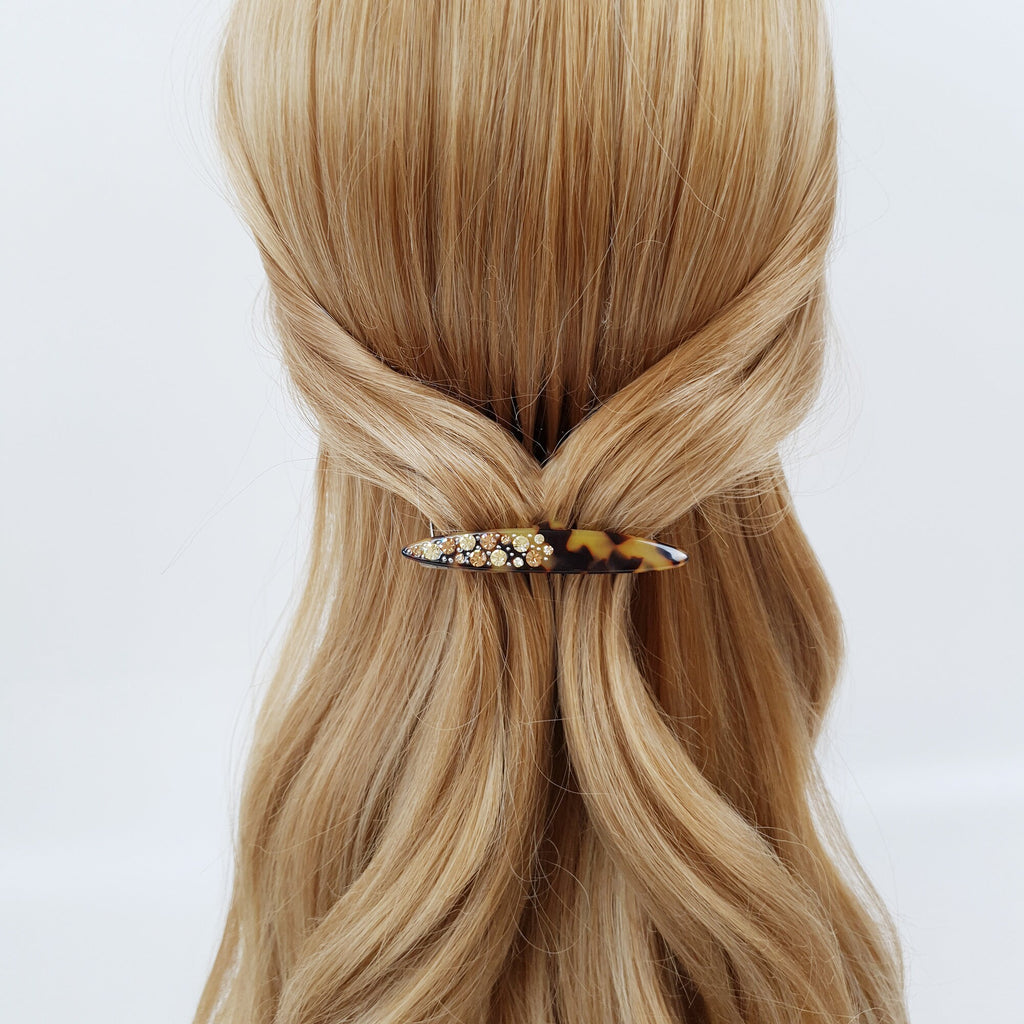 Tortoise Shell Long Oval Hair Comb Pin with Cubic / Vintage French Hair Pin / Hair Fork for Woman