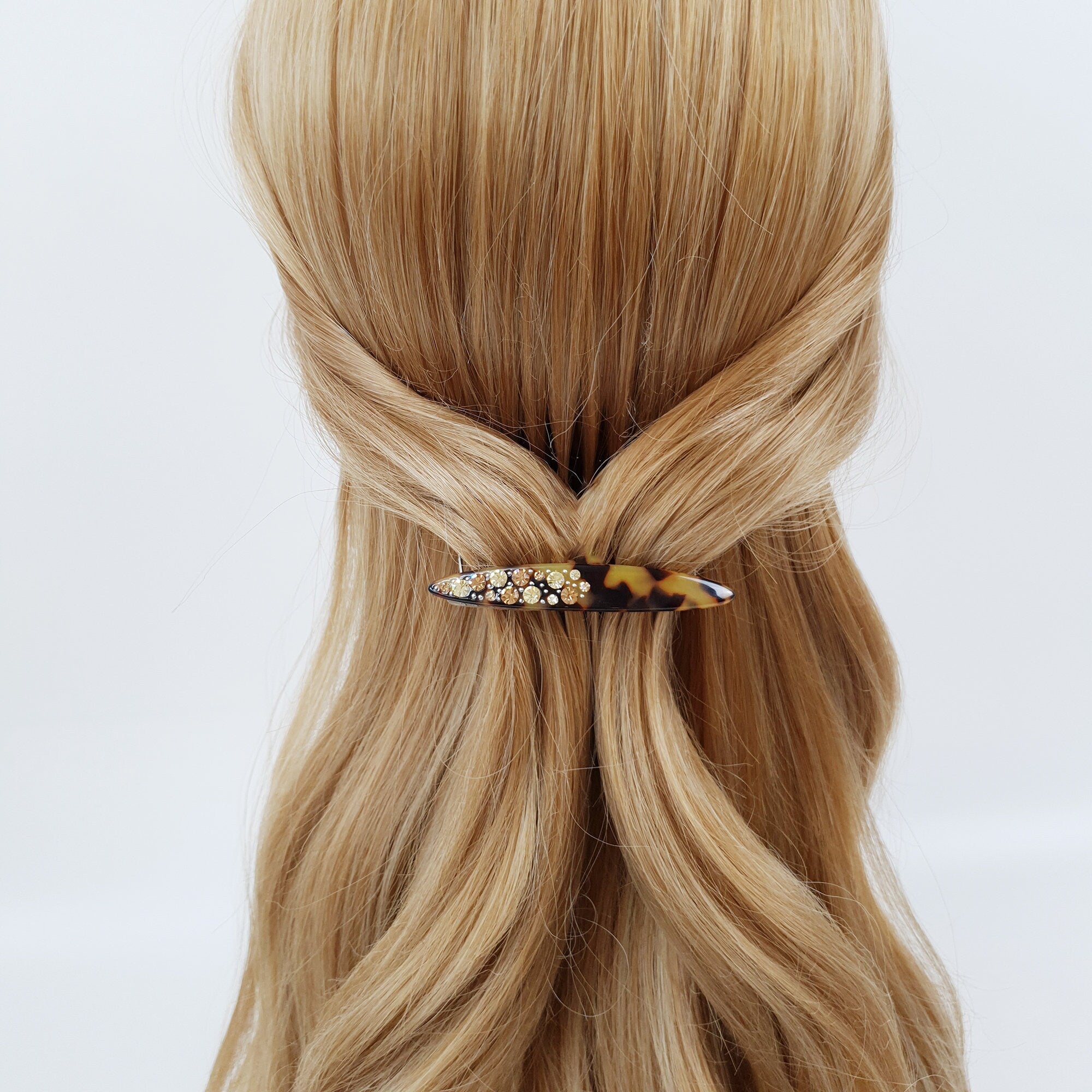 Tortoise Shell Long Oval Hair Comb Pin with Cubic / Vintage French Hair Pin / Hair Fork for Woman