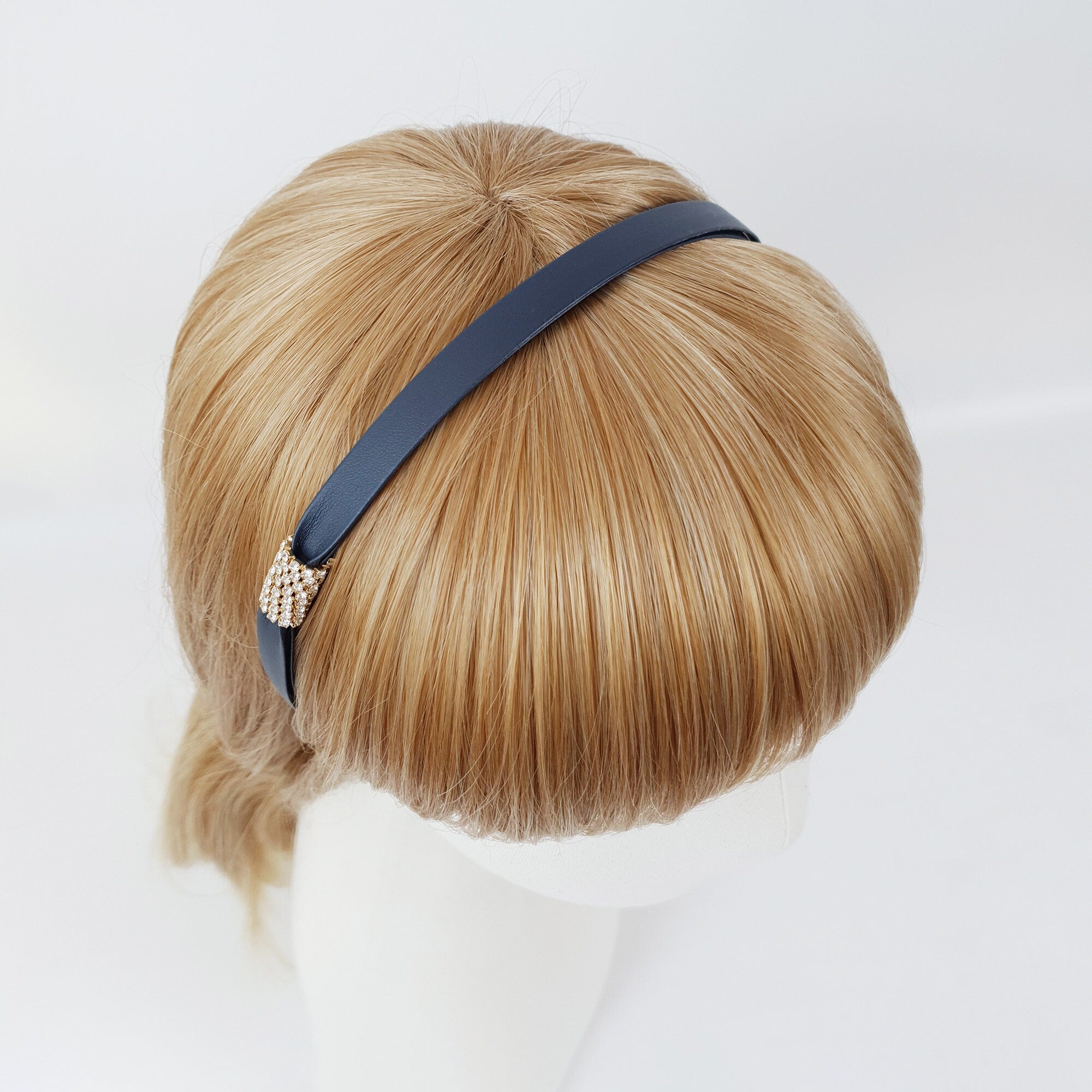 Faux Leather Thin Headband with Sparkling Cubic / Simple Line Point Head Piece / Hair Accessory for Woman / Leather Headband
