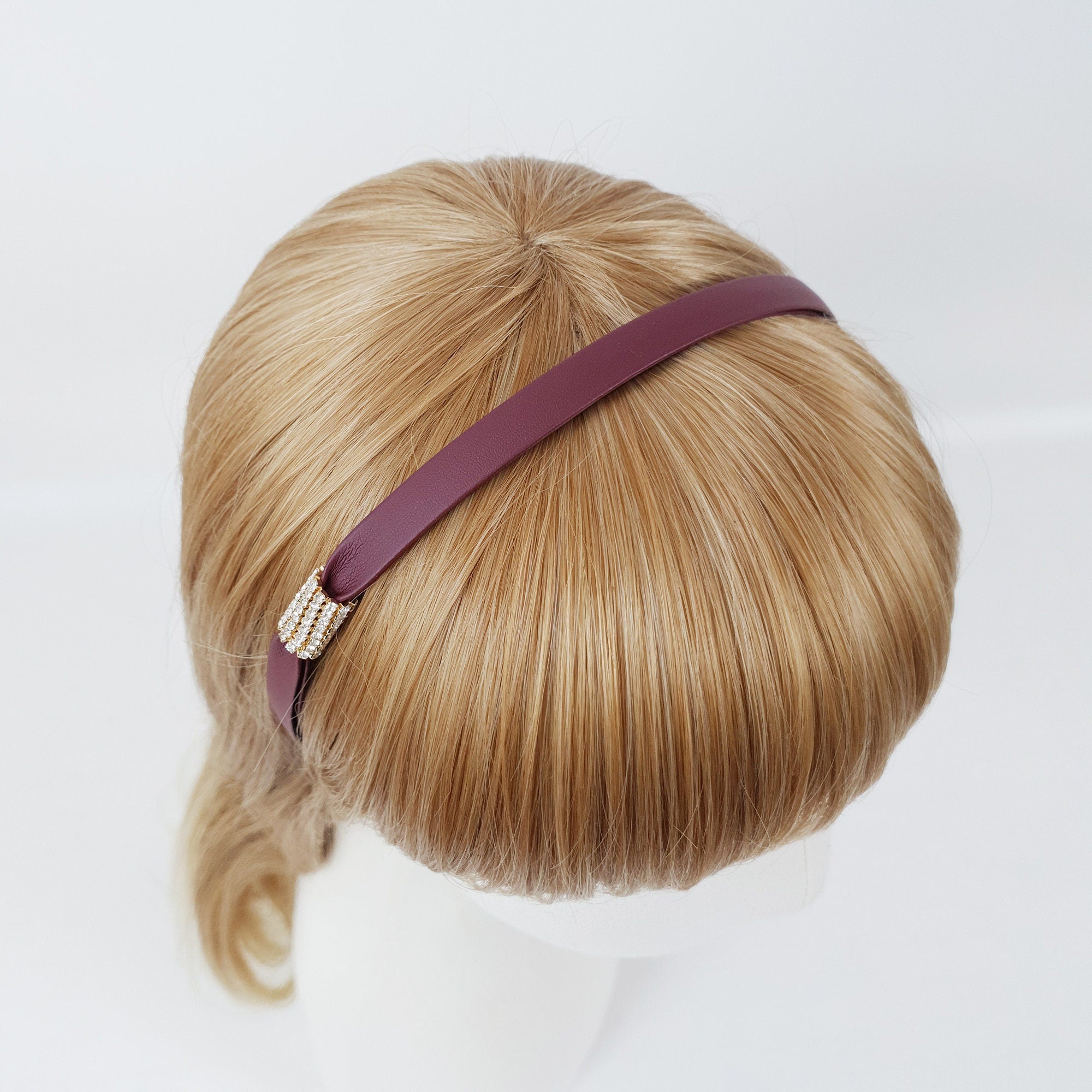 Faux Leather Thin Headband with Sparkling Cubic / Simple Line Point Head Piece / Hair Accessory for Woman / Leather Headband