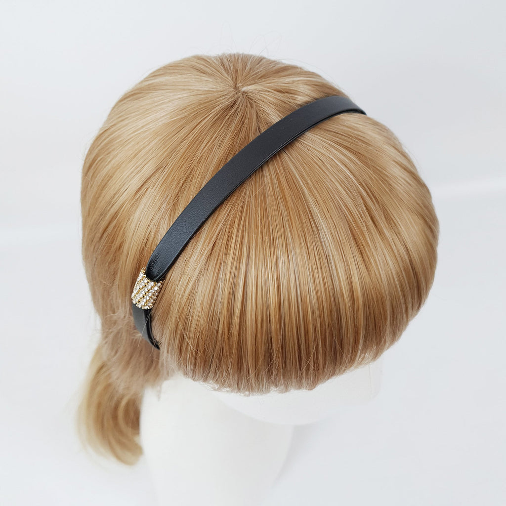 Faux Leather Thin Headband with Sparkling Cubic / Simple Line Point Head Piece / Hair Accessory for Woman / Leather Headband