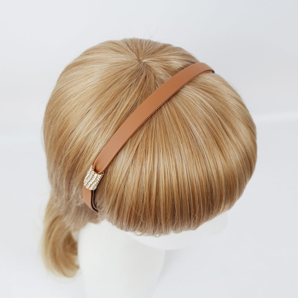 Faux Leather Thin Headband with Sparkling Cubic / Simple Line Point Head Piece / Hair Accessory for Woman / Leather Headband