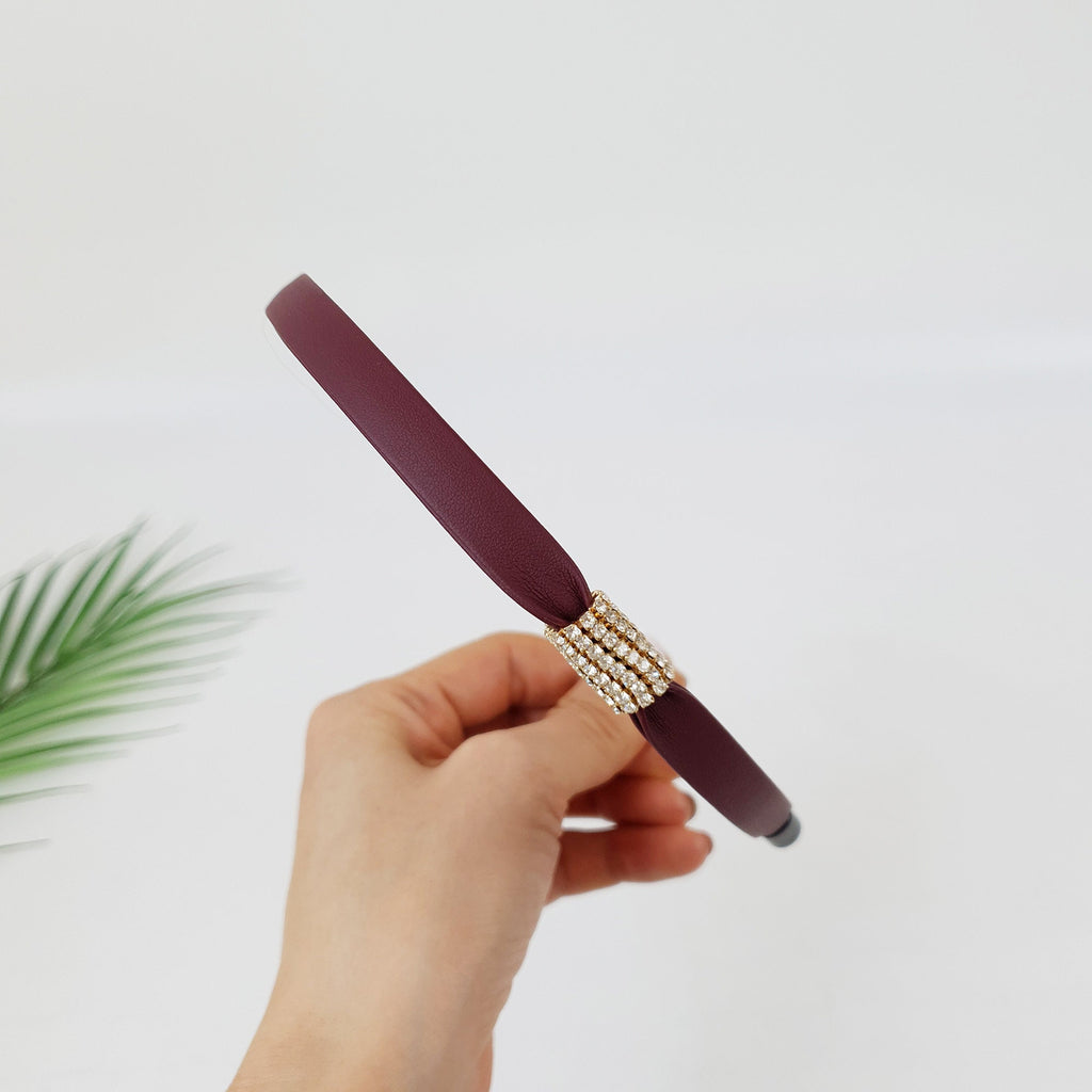 Faux Leather Thin Headband with Sparkling Cubic / Simple Line Point Head Piece / Hair Accessory for Woman / Leather Headband