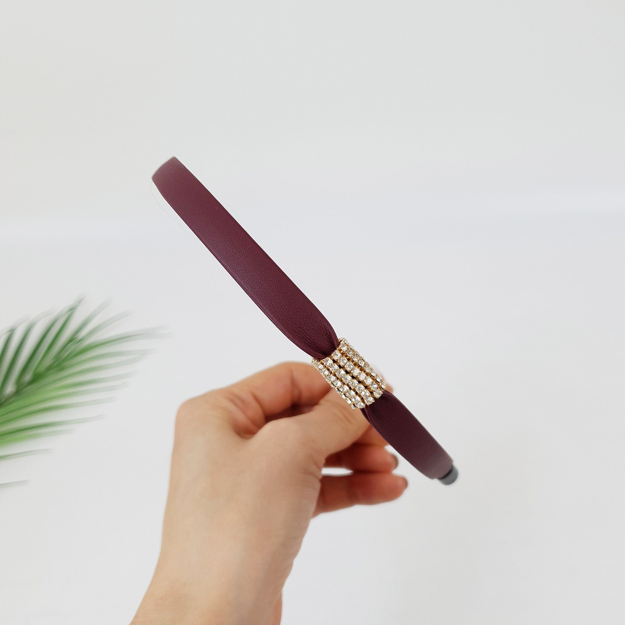 Faux Leather Thin Headband with Sparkling Cubic / Simple Line Point Head Piece / Hair Accessory for Woman / Leather Headband