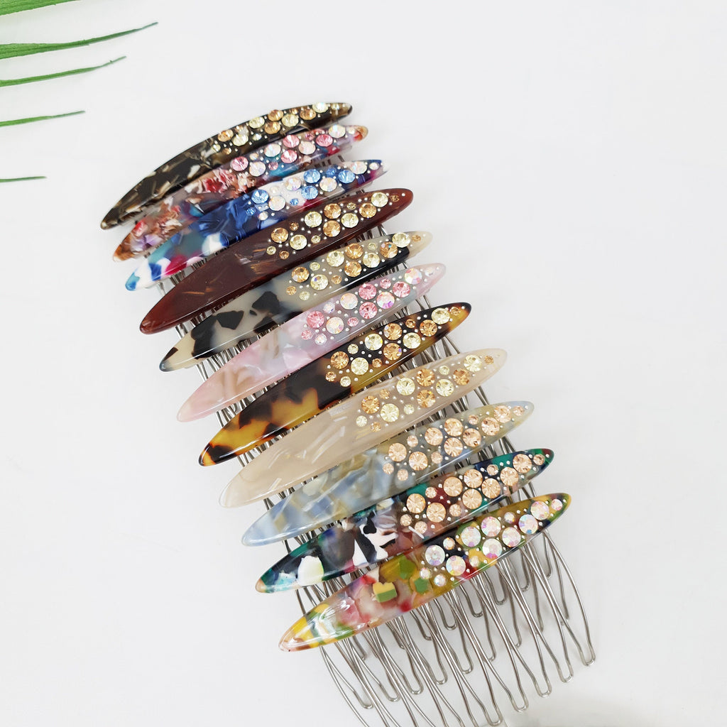 Tortoise Shell Long Oval Hair Comb Pin with Cubic / Vintage French Hair Pin / Hair Fork for Woman
