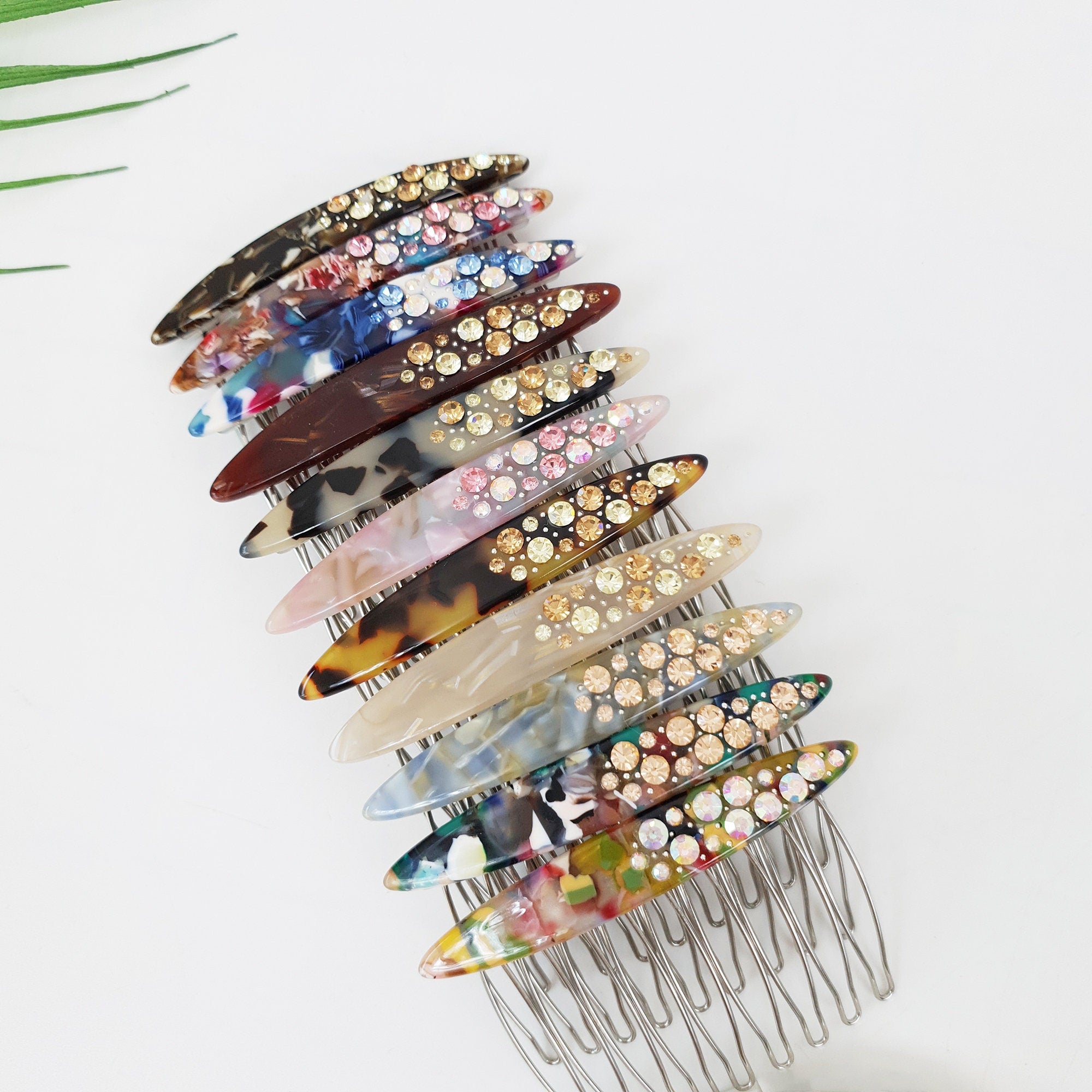Tortoise Shell Long Oval Hair Comb Pin with Cubic / Vintage French Hair Pin / Hair Fork for Woman
