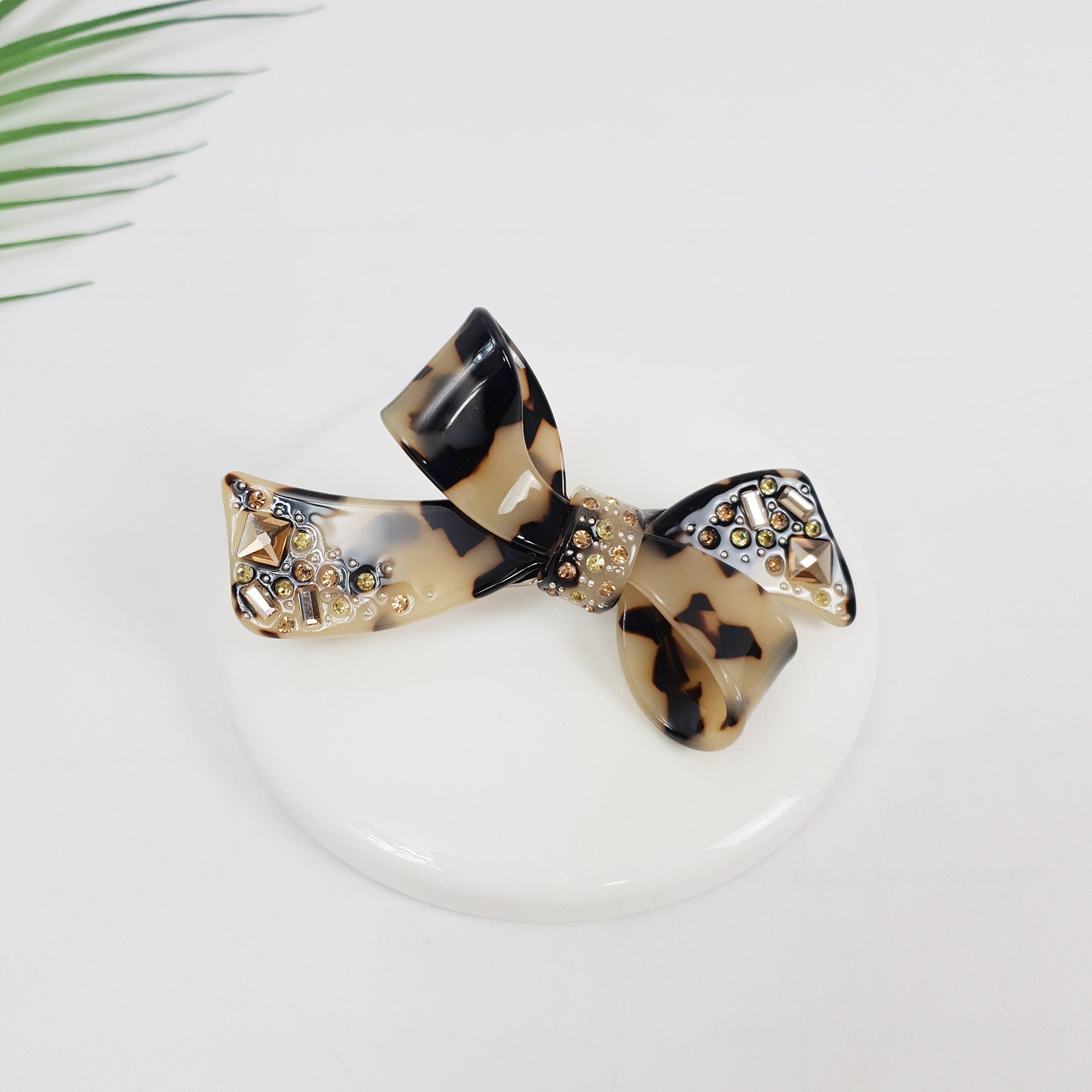 Tortoise Shell Big Double Ribbon Hair Barrette (3.5 Inch) / Luxurious Cellulose French Hair Pin / Automatic Hair Clip for Woman