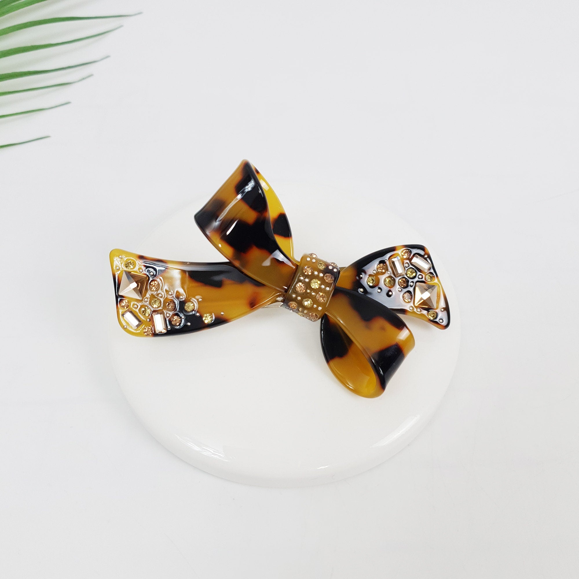 Tortoise Shell Big Double Ribbon Hair Barrette (3.5 Inch) / Luxurious Cellulose French Hair Pin / Automatic Hair Clip for Woman