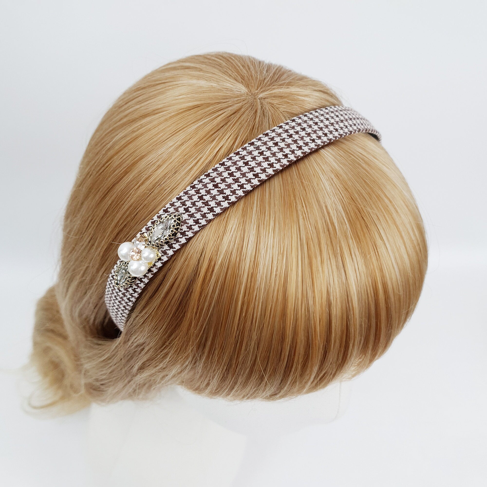 Tweed Hound Tooth Check Thin Headband / Elegant Headband with Pearl Cubic / Hair Accessories for Woman / Pearl Headband
