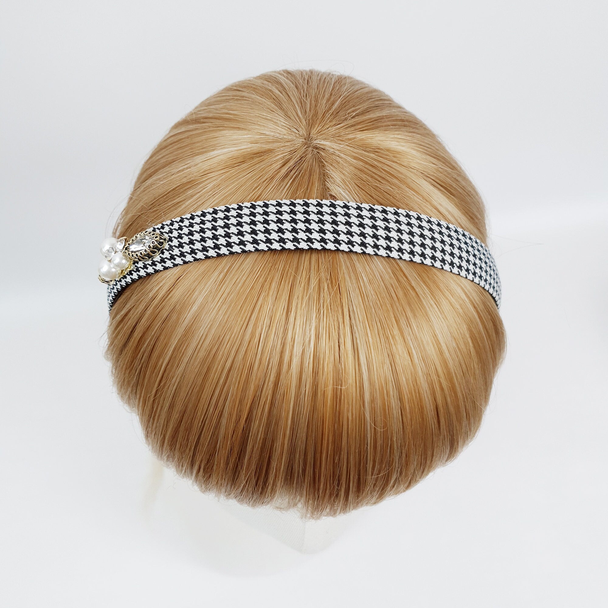 Tweed Hound Tooth Check Thin Headband / Elegant Headband with Pearl Cubic / Hair Accessories for Woman / Pearl Headband