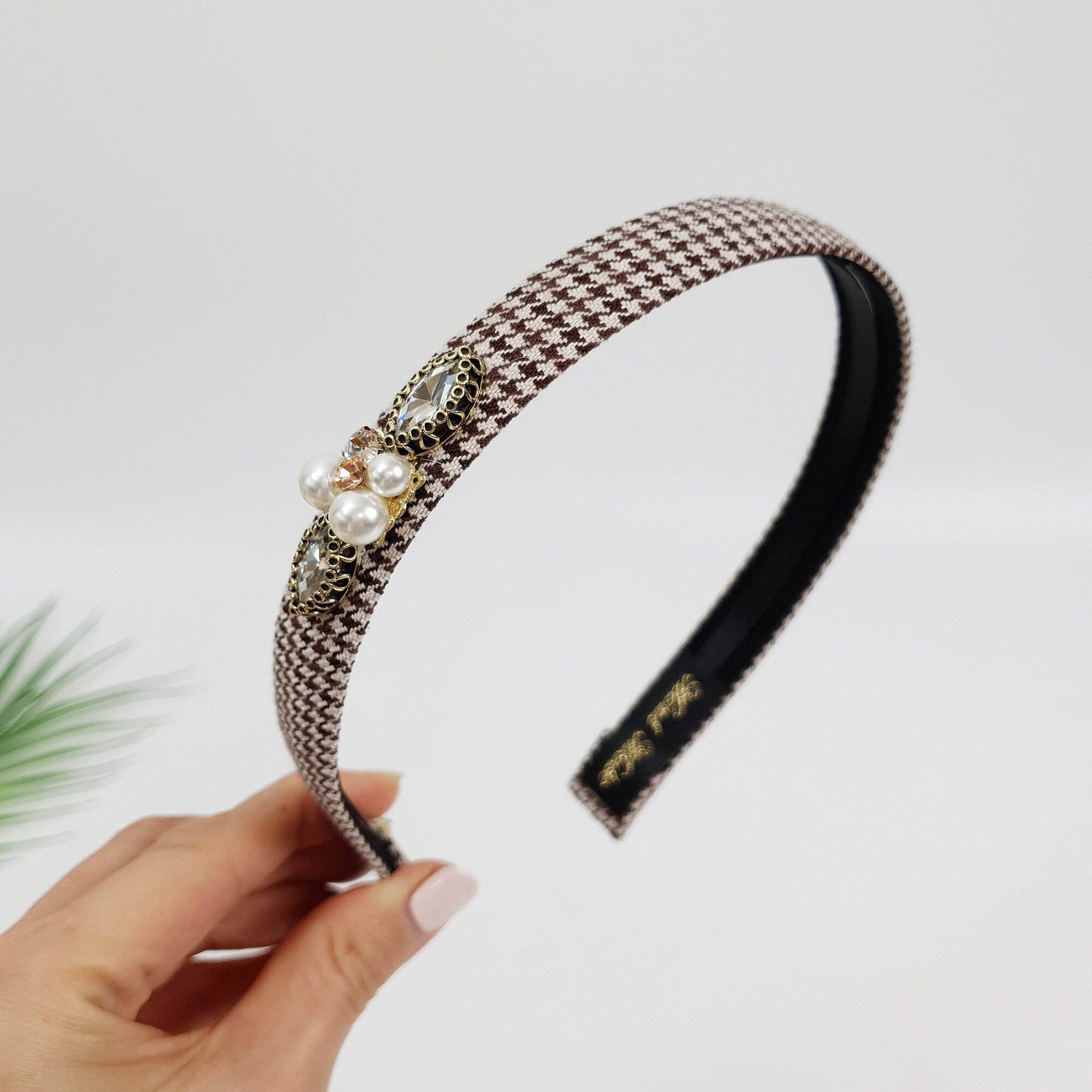 Tweed Hound Tooth Check Thin Headband / Elegant Headband with Pearl Cubic / Hair Accessories for Woman / Pearl Headband