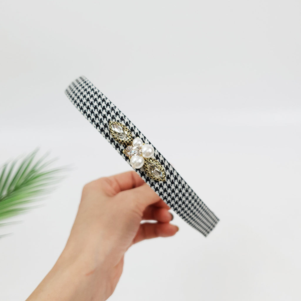 Tweed Hound Tooth Check Thin Headband / Elegant Headband with Pearl Cubic / Hair Accessories for Woman / Pearl Headband