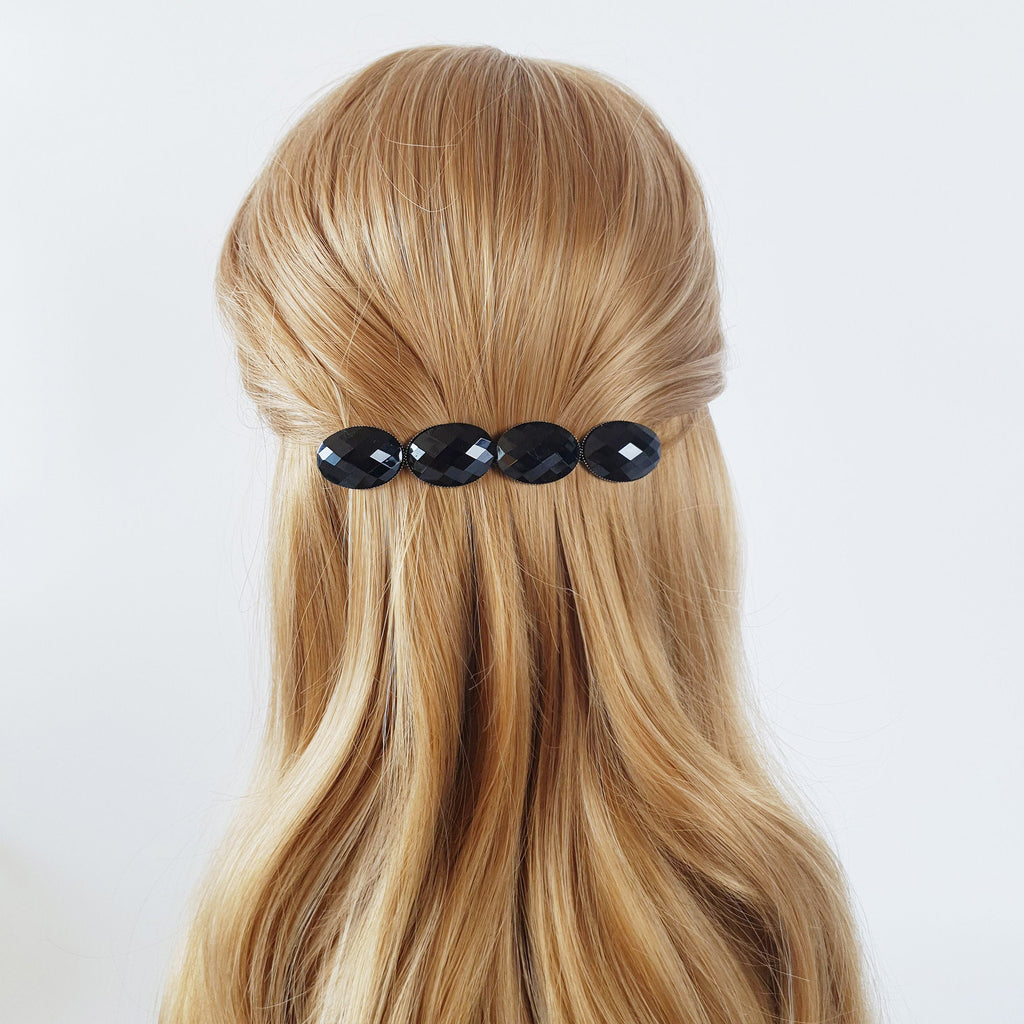 Big Oval Formica Hair Barrette (4.0 Inch) / Diamond Cut Formica Stone Decorated Barrette / Automatic Hair Pin