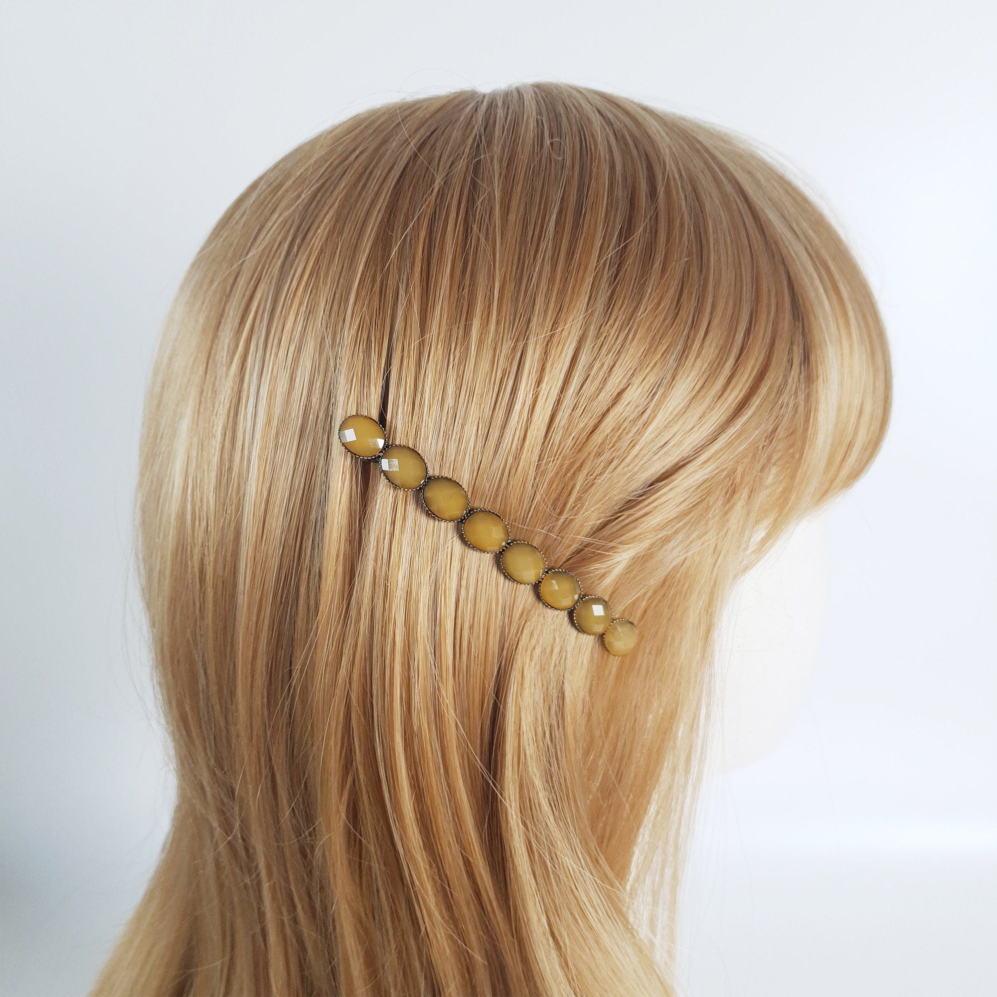 Oval Formica Hair Barrette (3.2 Inch) / Diamond Cut Formica Stone Decorated Barrette / Hair Accessory for Woman / Automatic Hair Pin