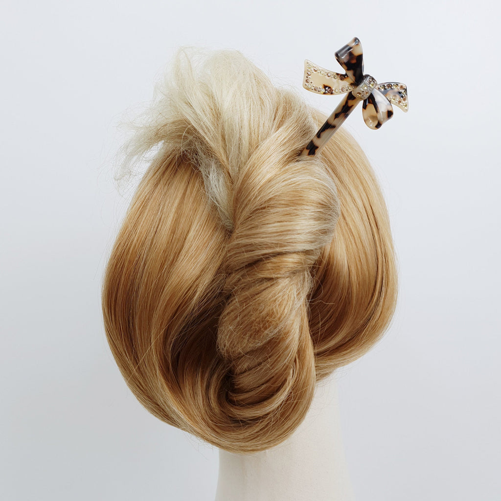 Leopard Double Ribbon Long Hair Stick with Cubic (7.3 Inch) / Tortoise Shell French Hair Pin / Hair Fork for Thick Hair