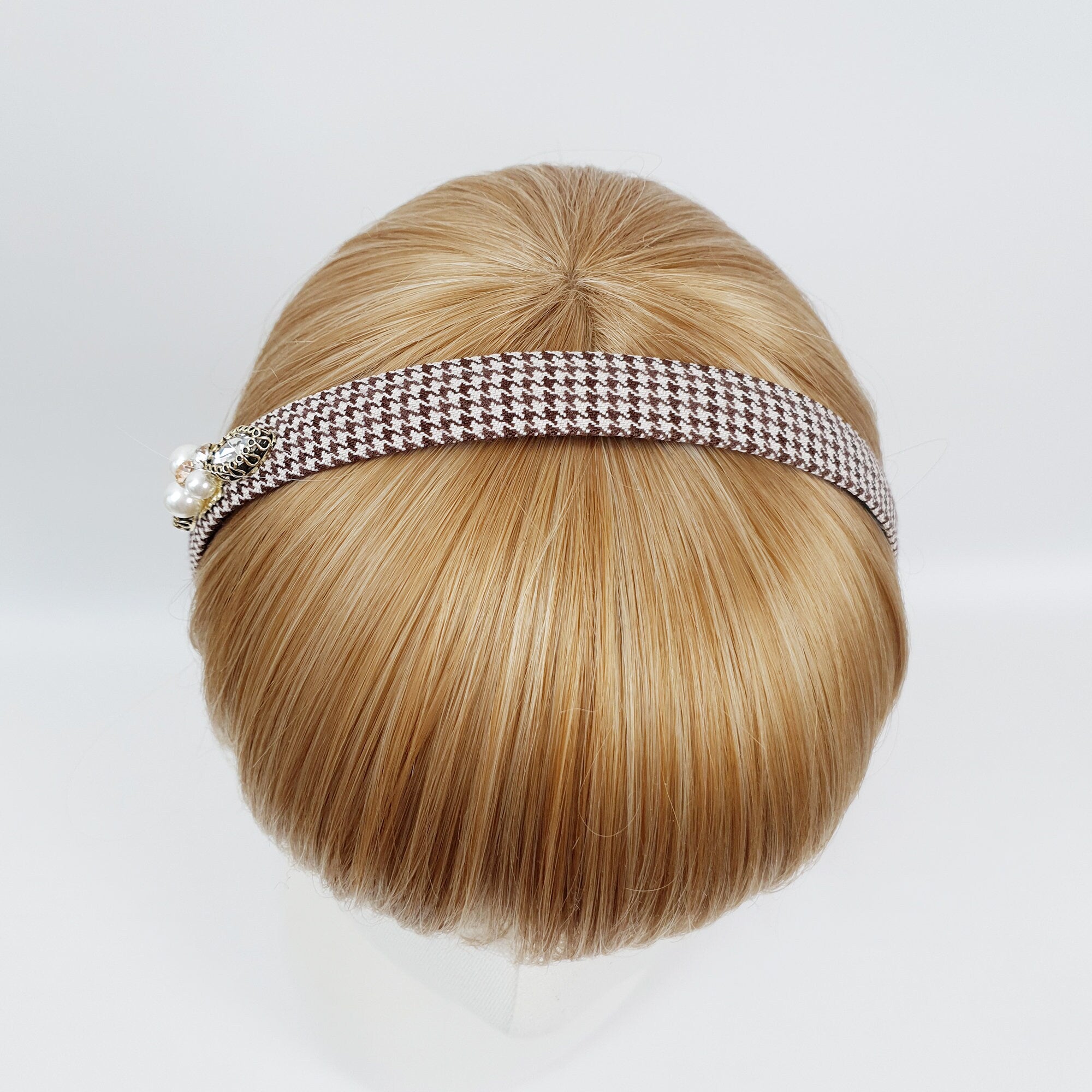 Tweed Hound Tooth Check Thin Headband / Elegant Headband with Pearl Cubic / Hair Accessories for Woman / Pearl Headband