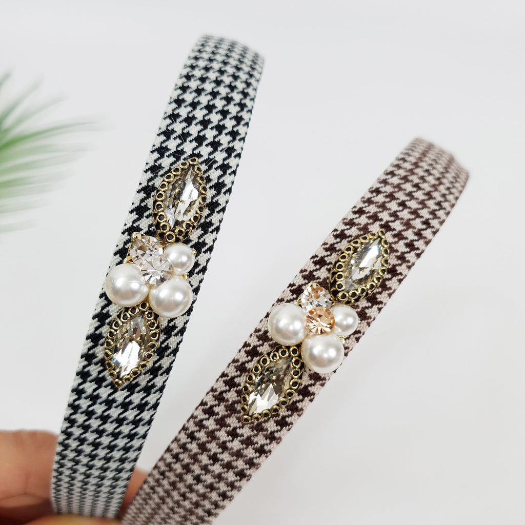 Tweed Hound Tooth Check Thin Headband / Elegant Headband with Pearl Cubic / Hair Accessories for Woman / Pearl Headband