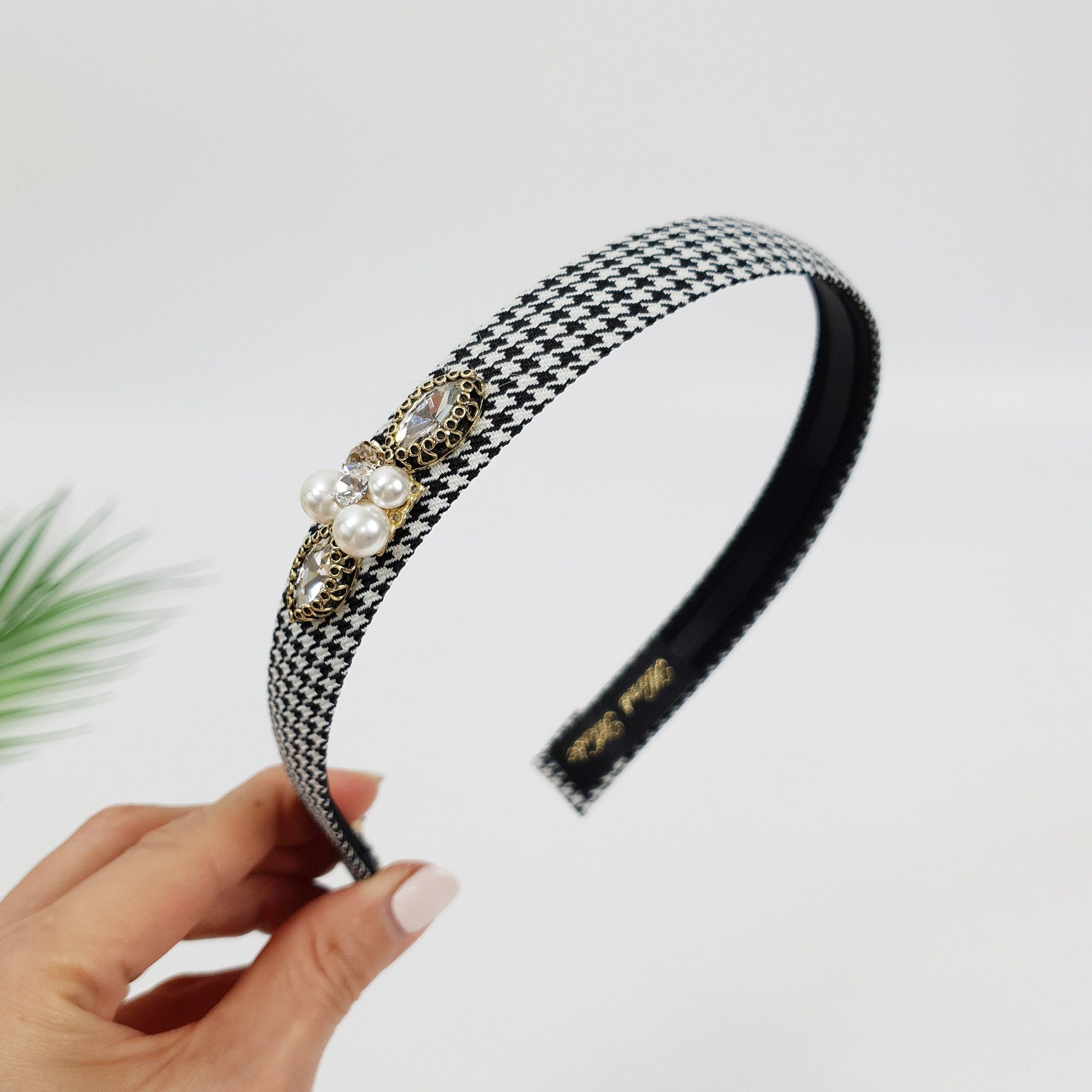 Tweed Hound Tooth Check Thin Headband / Elegant Headband with Pearl Cubic / Hair Accessories for Woman / Pearl Headband