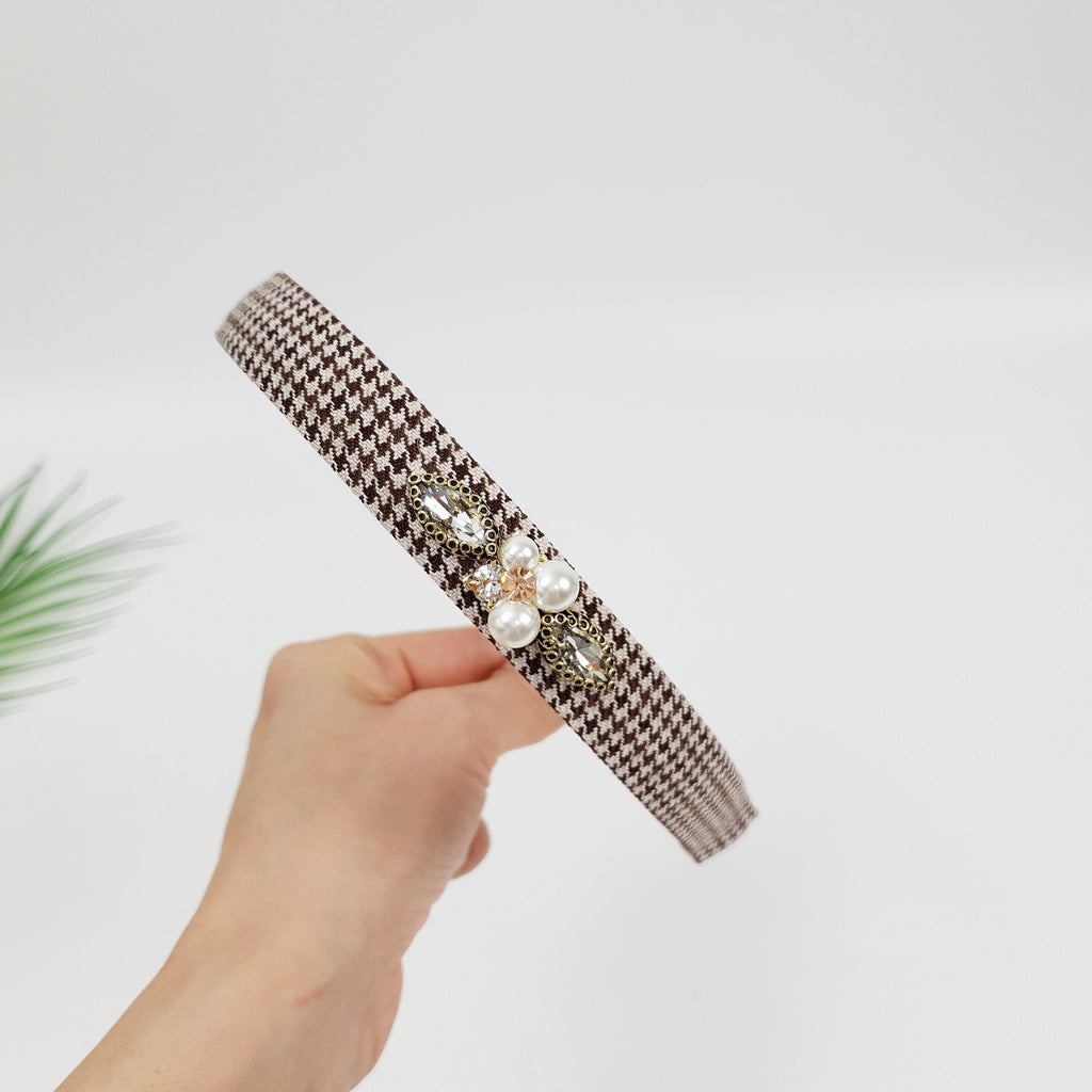 Tweed Hound Tooth Check Thin Headband / Elegant Headband with Pearl Cubic / Hair Accessories for Woman / Pearl Headband