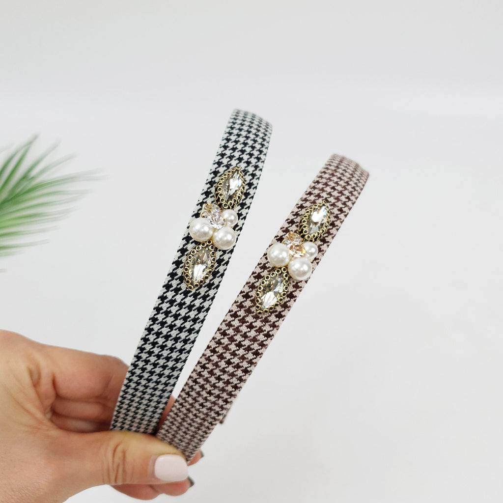 Tweed Hound Tooth Check Thin Headband / Elegant Headband with Pearl Cubic / Hair Accessories for Woman / Pearl Headband