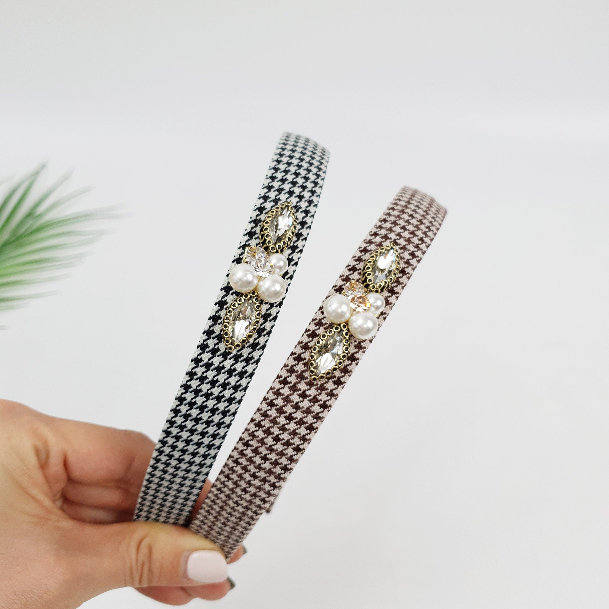 Tweed Hound Tooth Check Thin Headband / Elegant Headband with Pearl Cubic / Hair Accessories for Woman / Pearl Headband