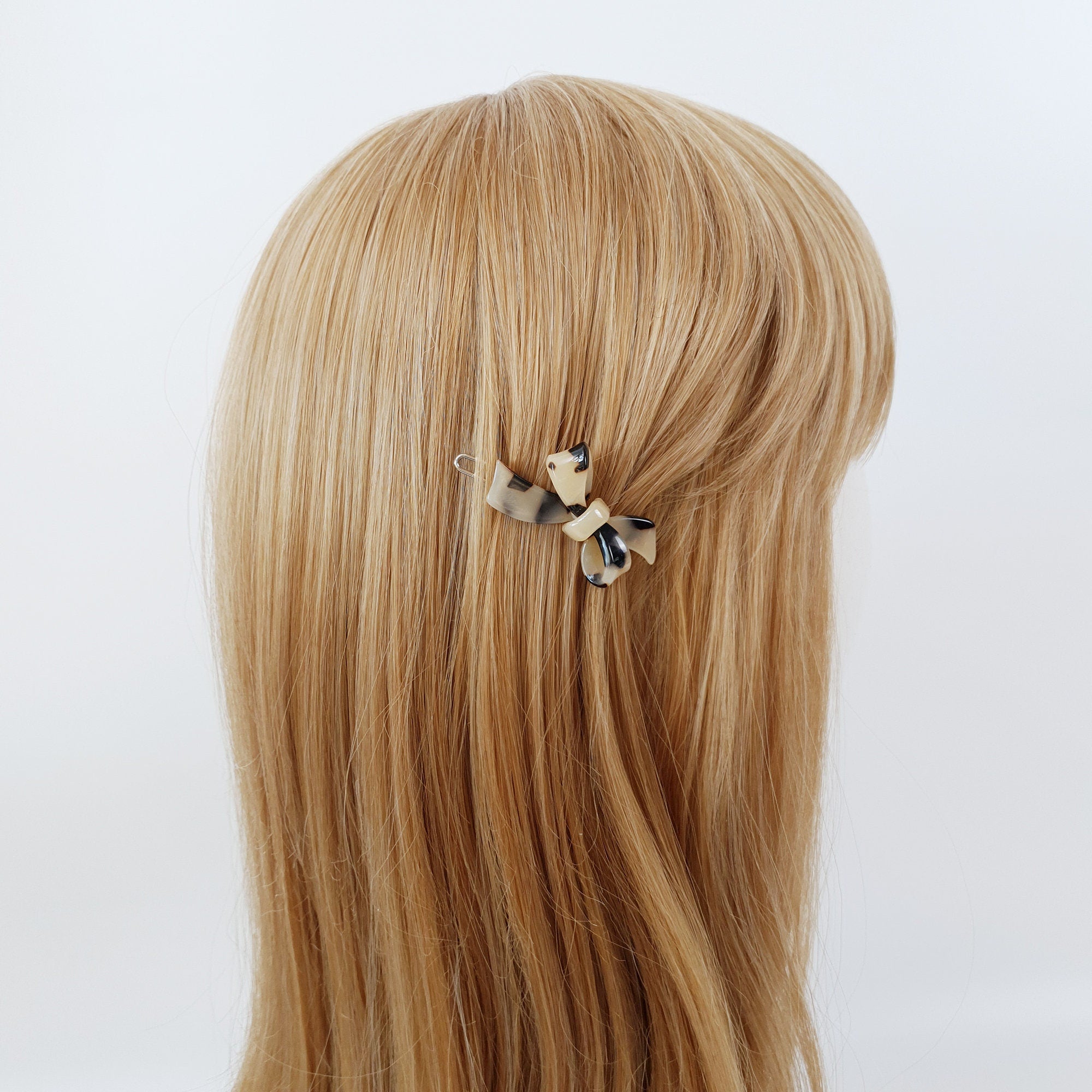 Tiny Double Ribbon Bobby Pin (1.8 Inch) / Tortoise Marble Leopard French Hair Pin Clip / Bow Barrette for Thin Hair