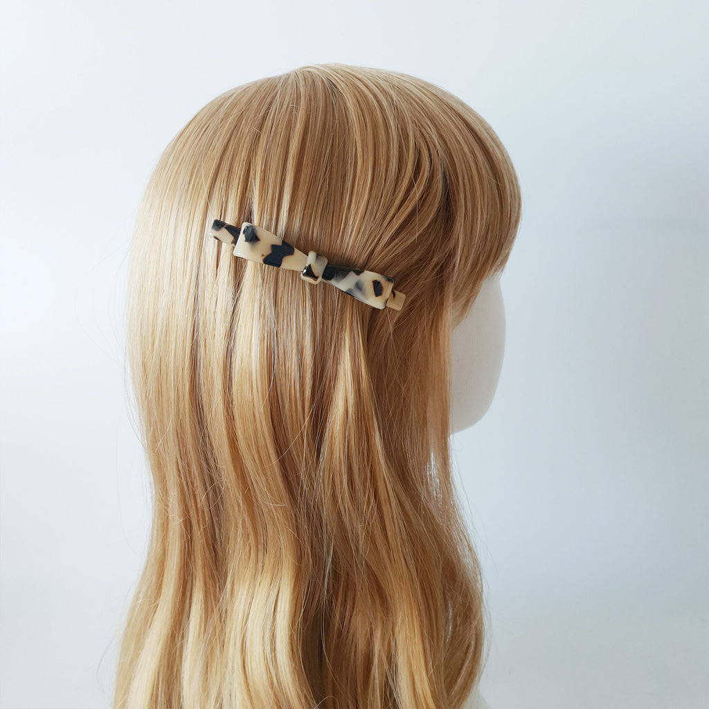 Bow Ribbon Hair Barrette (3.5 Inch) / Tortoise Marble French Hair Pin / Hair Accessory for Woman / Automatic Hair Clip