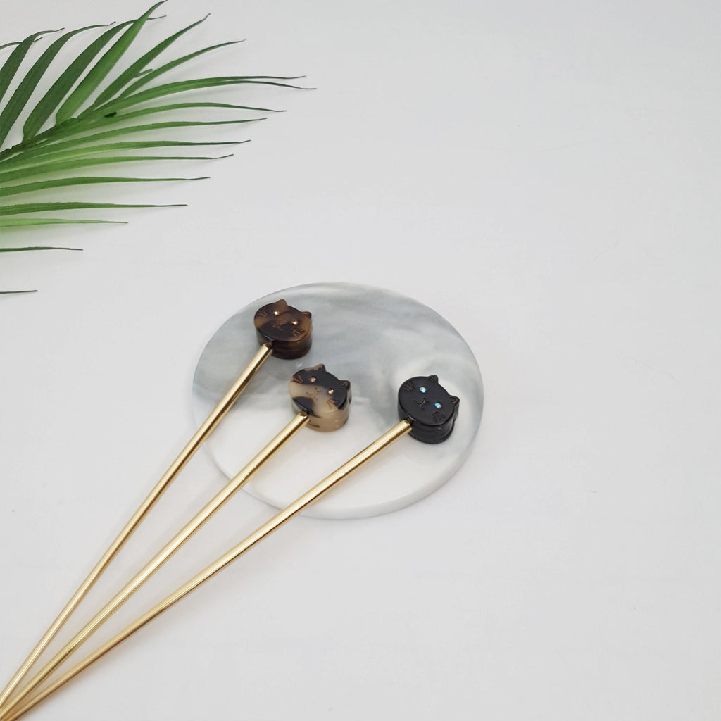 Chic Cat Metal Hair Stick (6.0 Inch) / Tortoise Shell French Hair Pin / Cute Fork Comb / Hair Clasp for Woman