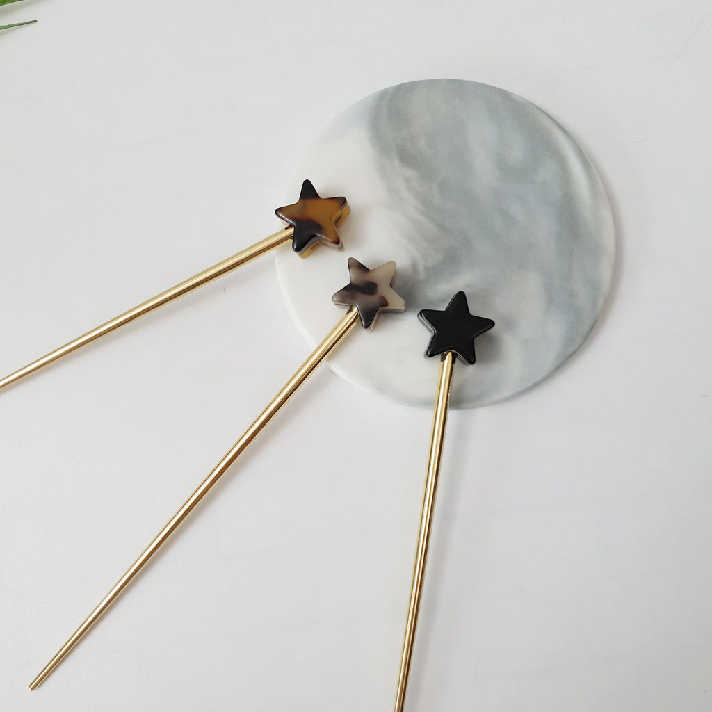 Star Shape Metal Hair Stick (6.0 Inch) / Tortoise Shell French Hair Pin / Metal Hair Fork for Thick Hair