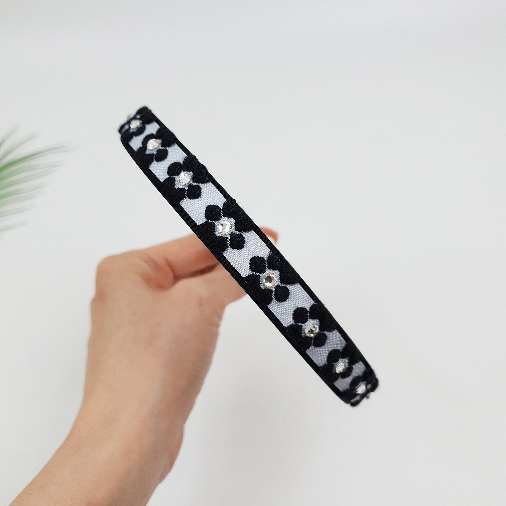 Embroidery Flower Thin Headband with Cubic (0.6 Inch) / Simple Line Turban Bandanna / Floral Headband