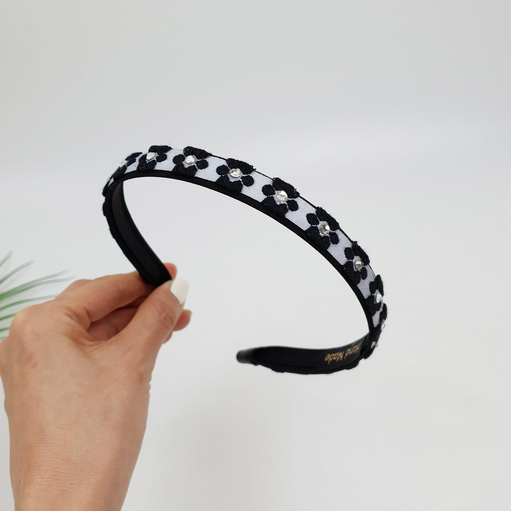 Embroidery Flower Thin Headband with Cubic (0.6 Inch) / Simple Line Turban Bandanna / Floral Headband