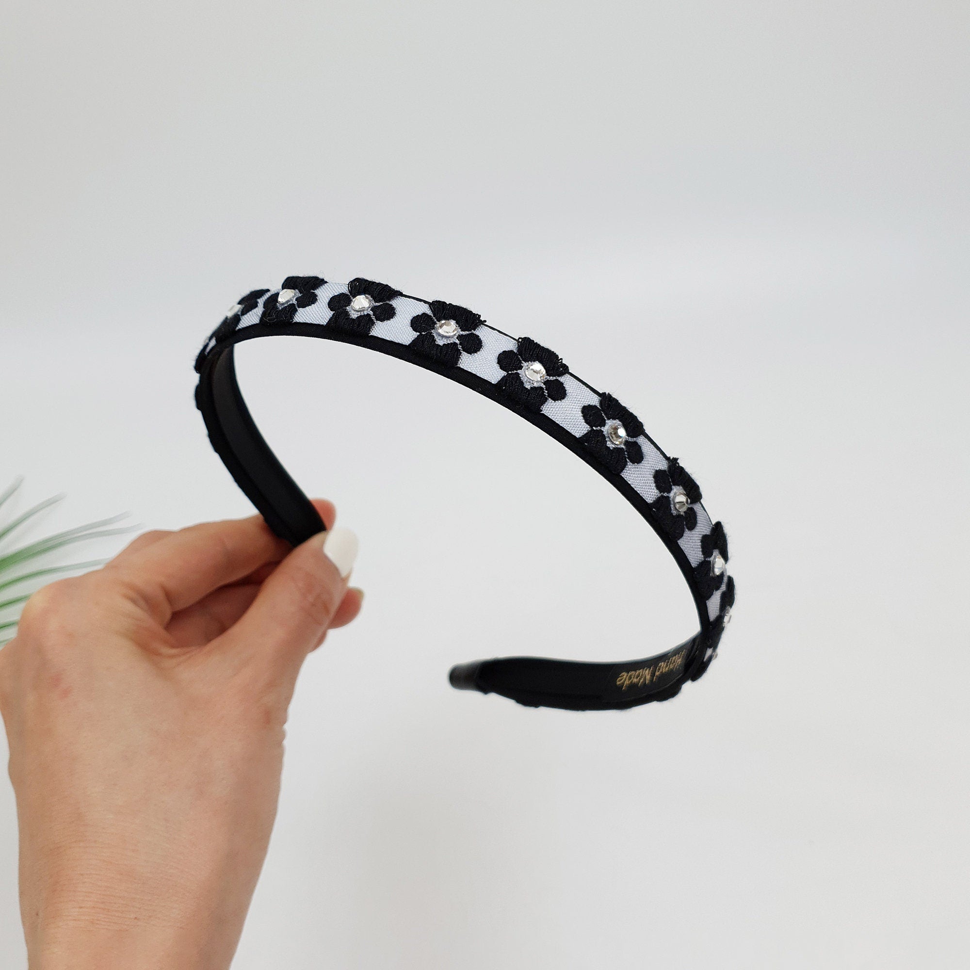 Embroidery Flower Thin Headband with Cubic (0.6 Inch) / Simple Line Turban Bandanna / Floral Headband